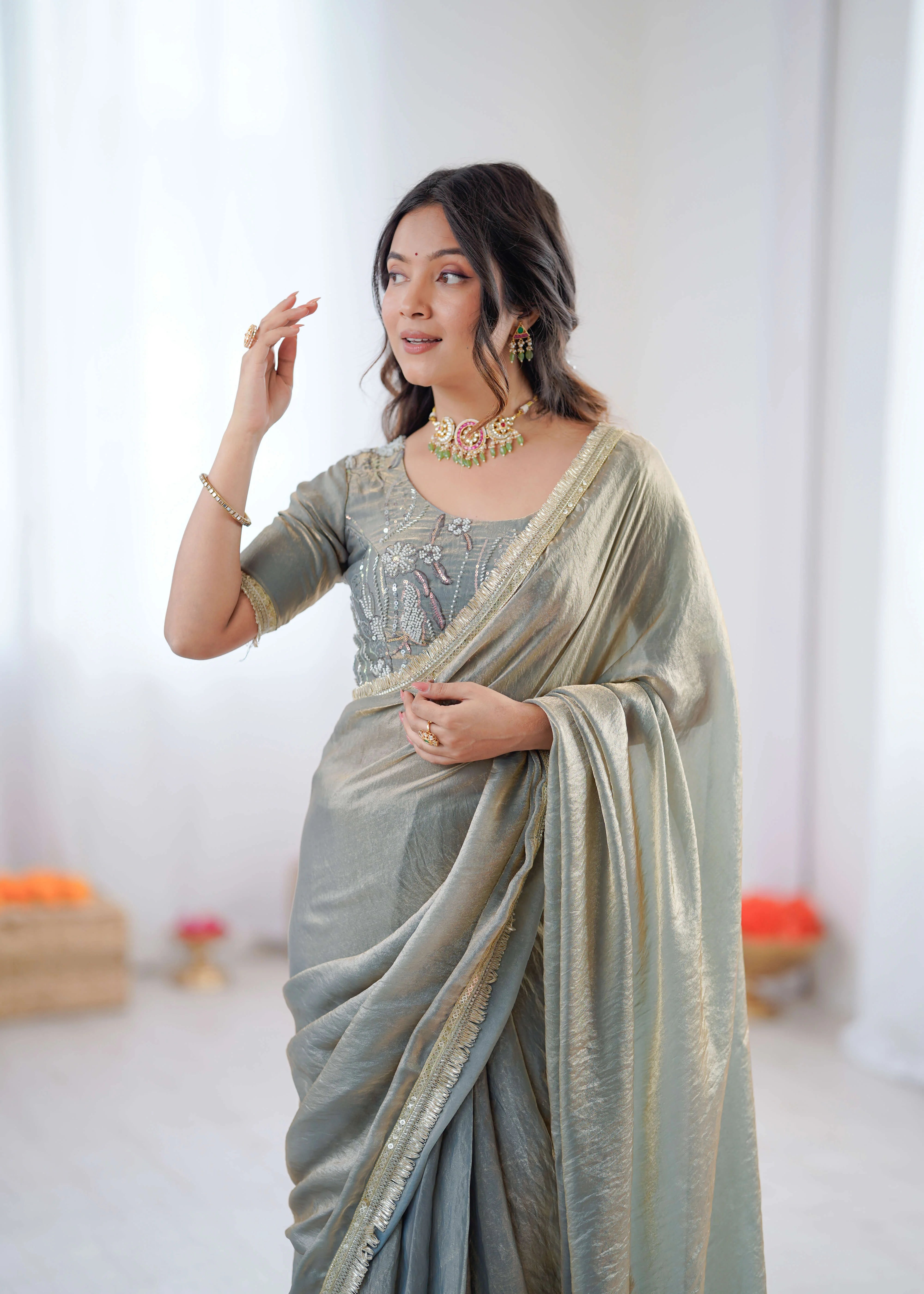 sage grey georgette saree thread sequin bengalori silk blouse detail