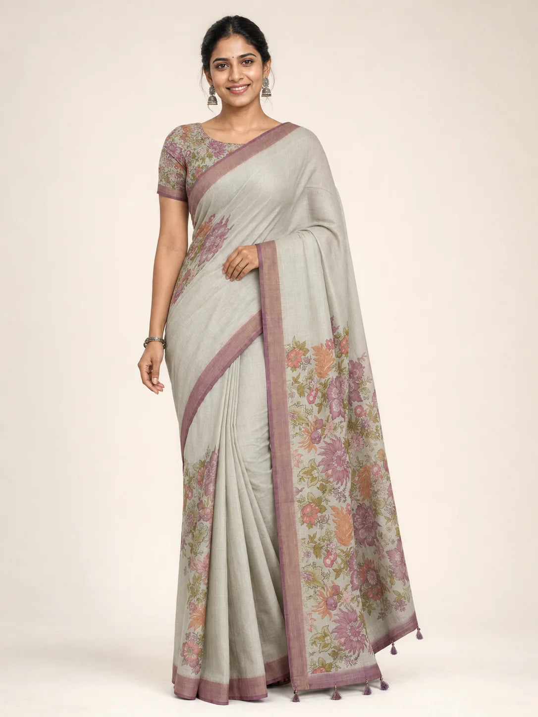 sage grey linen saree front drape with floral print pallu and zari border