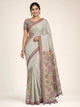 sage grey linen saree front drape with floral print pallu and zari border
