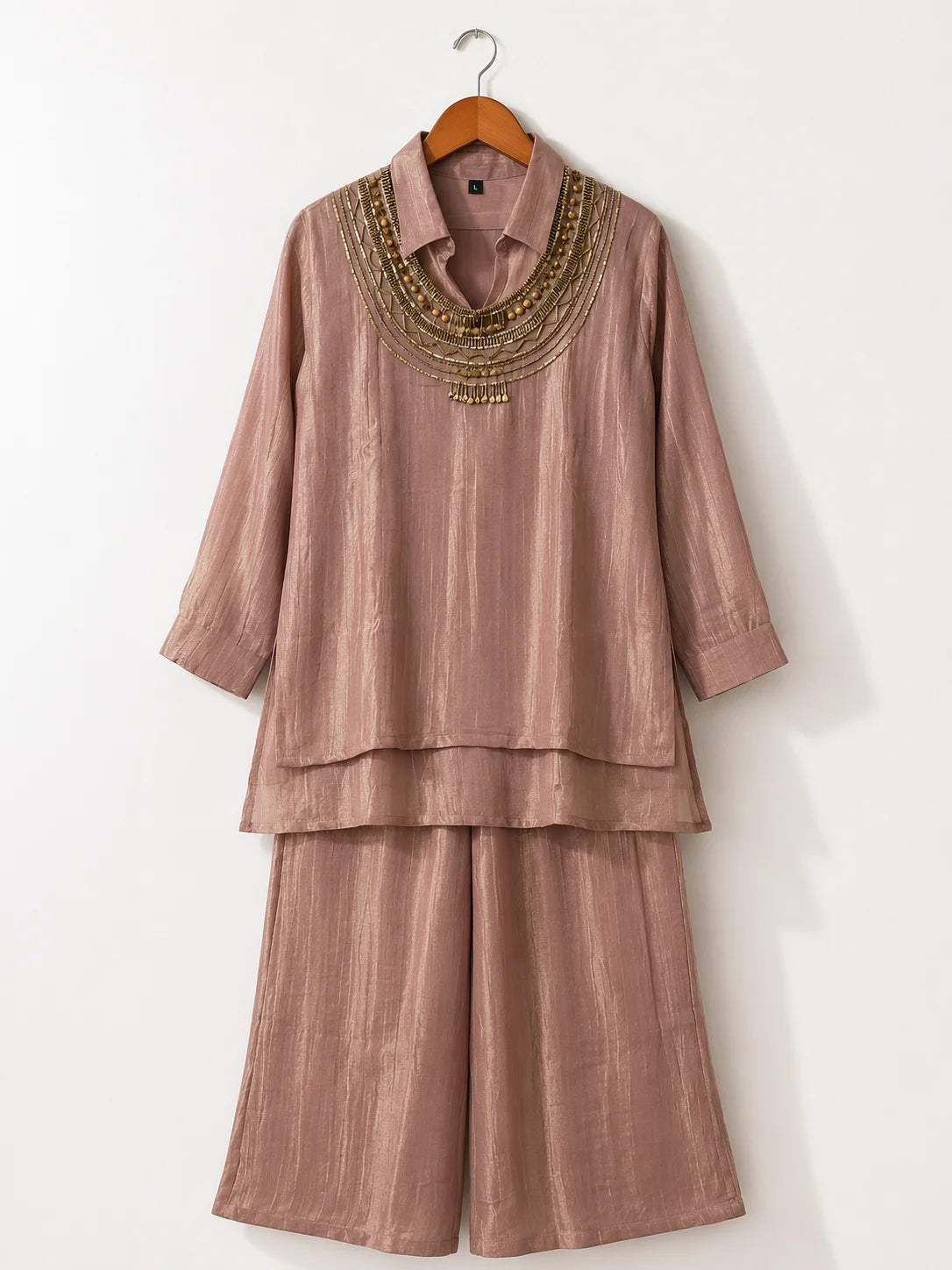 Salsa tissue coord set in dusty pink with gold bead neckline and wide-leg pants