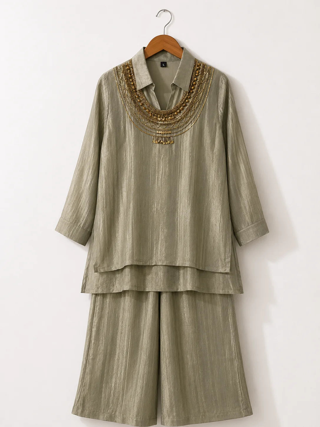 Salsa tissue coord set in sage green with bead embellished neckline – flat lay