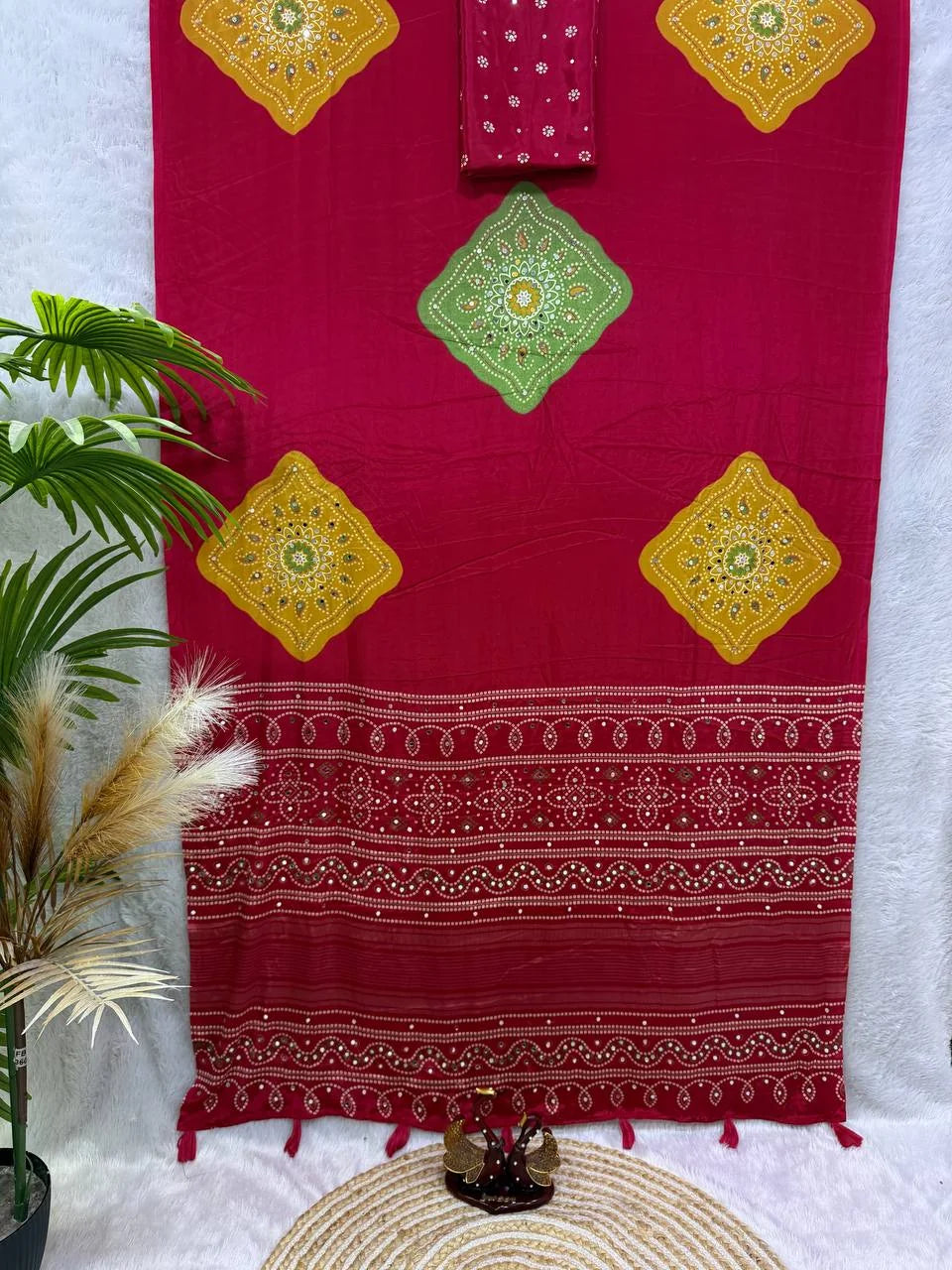 Satin crepe saree for women rani pink with ajrakh print and yellow medallions