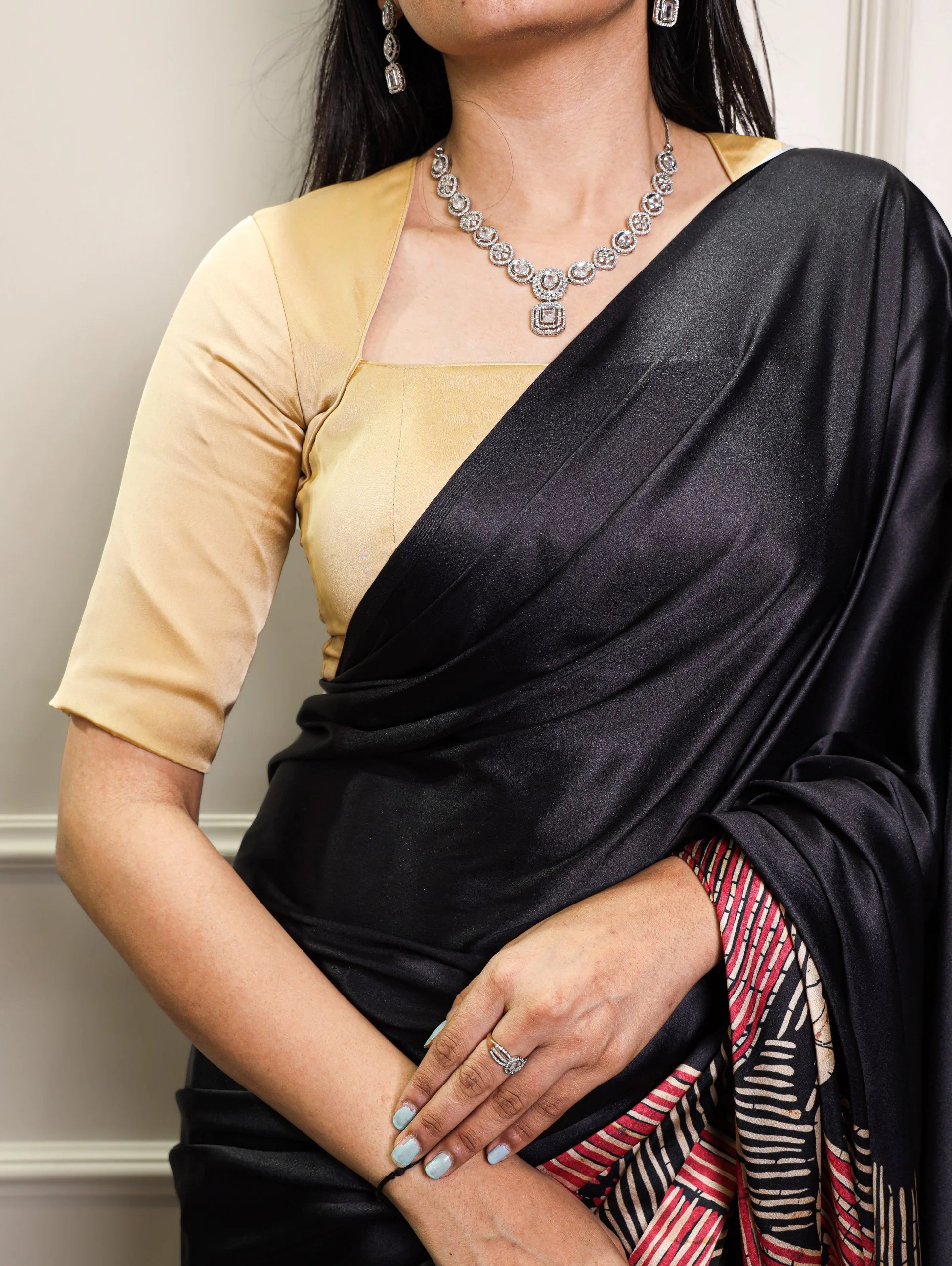 Black satin silk printed saree – natural silk unstitched blouse close-up view