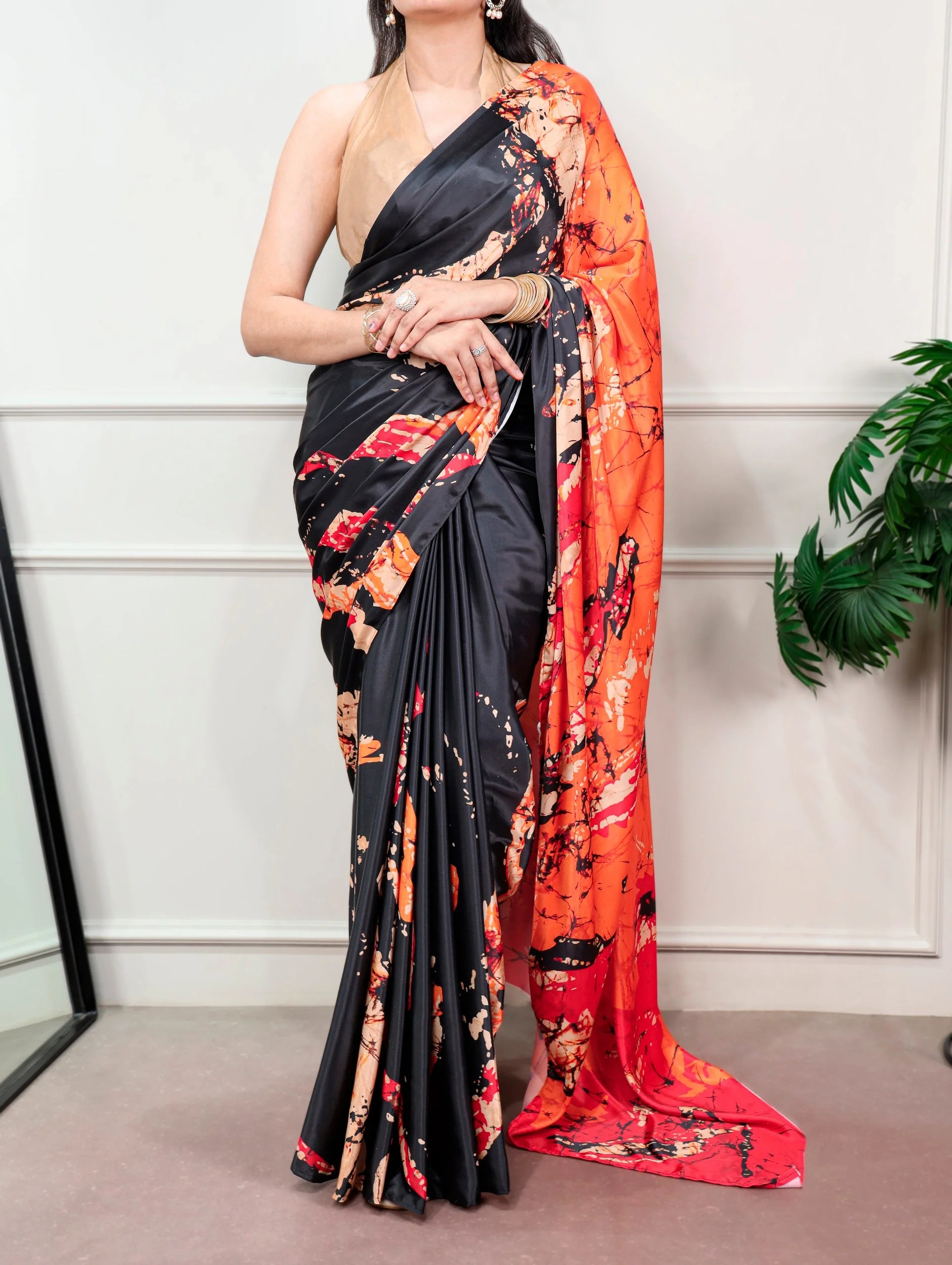 Black satin silk printed saree – orange abstract marble print golden blouse full view