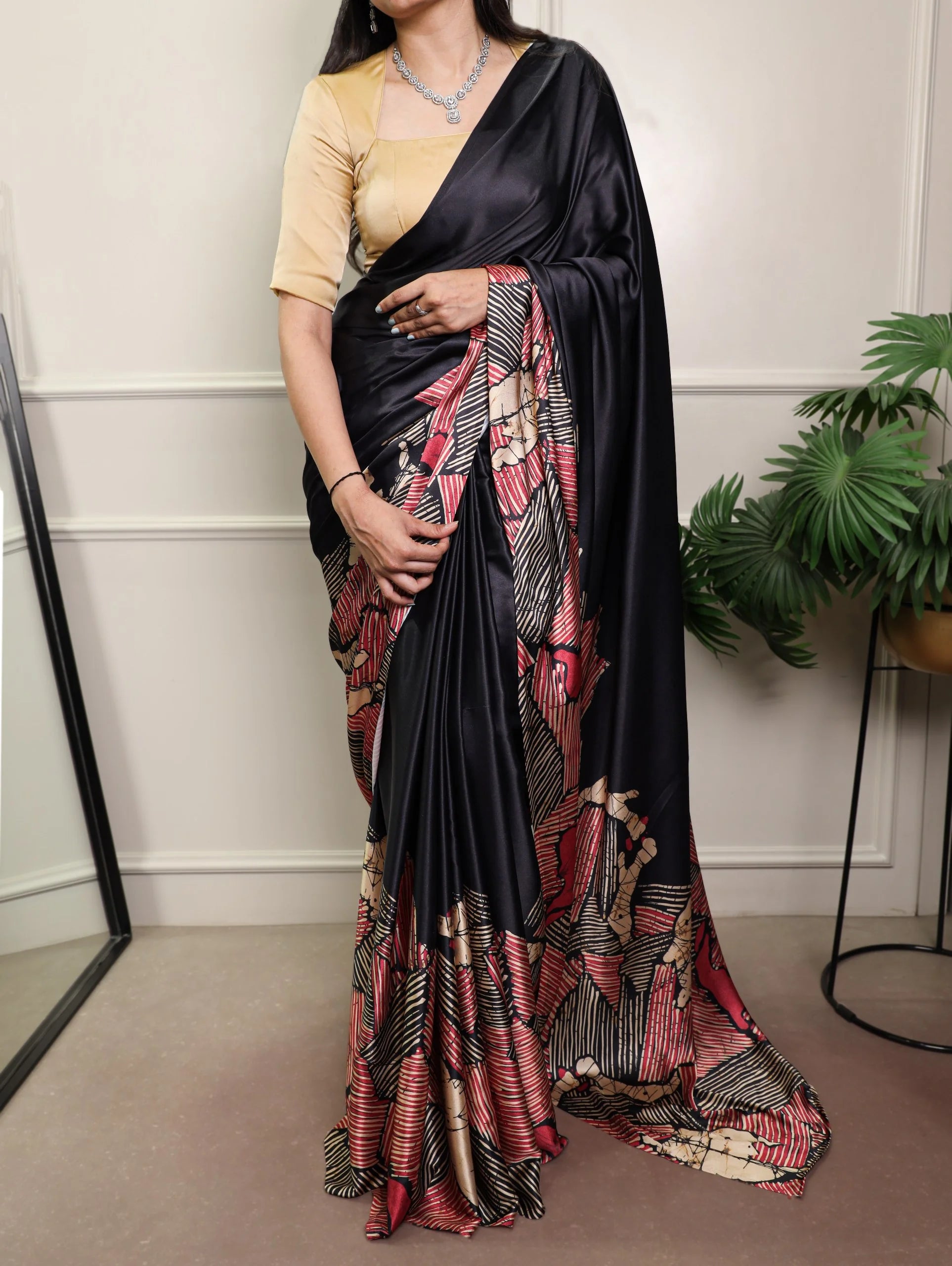 Satin silk printed saree maroon – front view modern abstract art print design