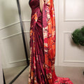 Maroon satin silk printed saree – abstract marble print with orange tones full length