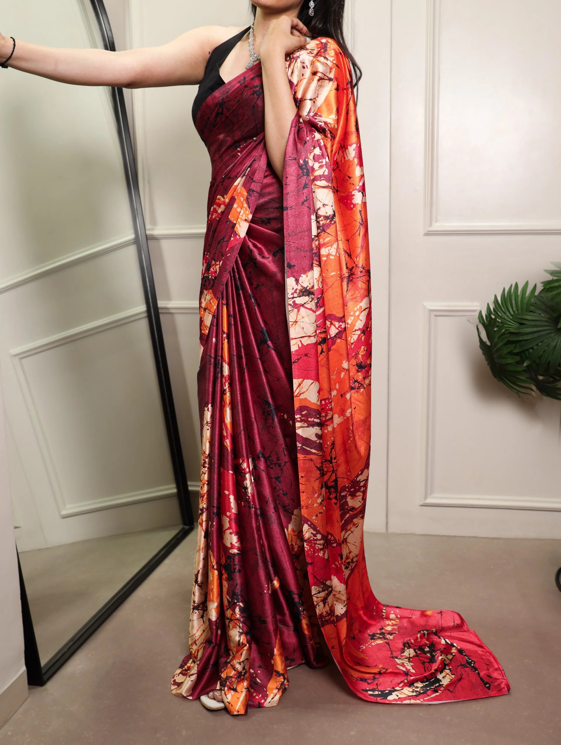 Maroon satin silk printed saree – abstract marble print with orange tones full length