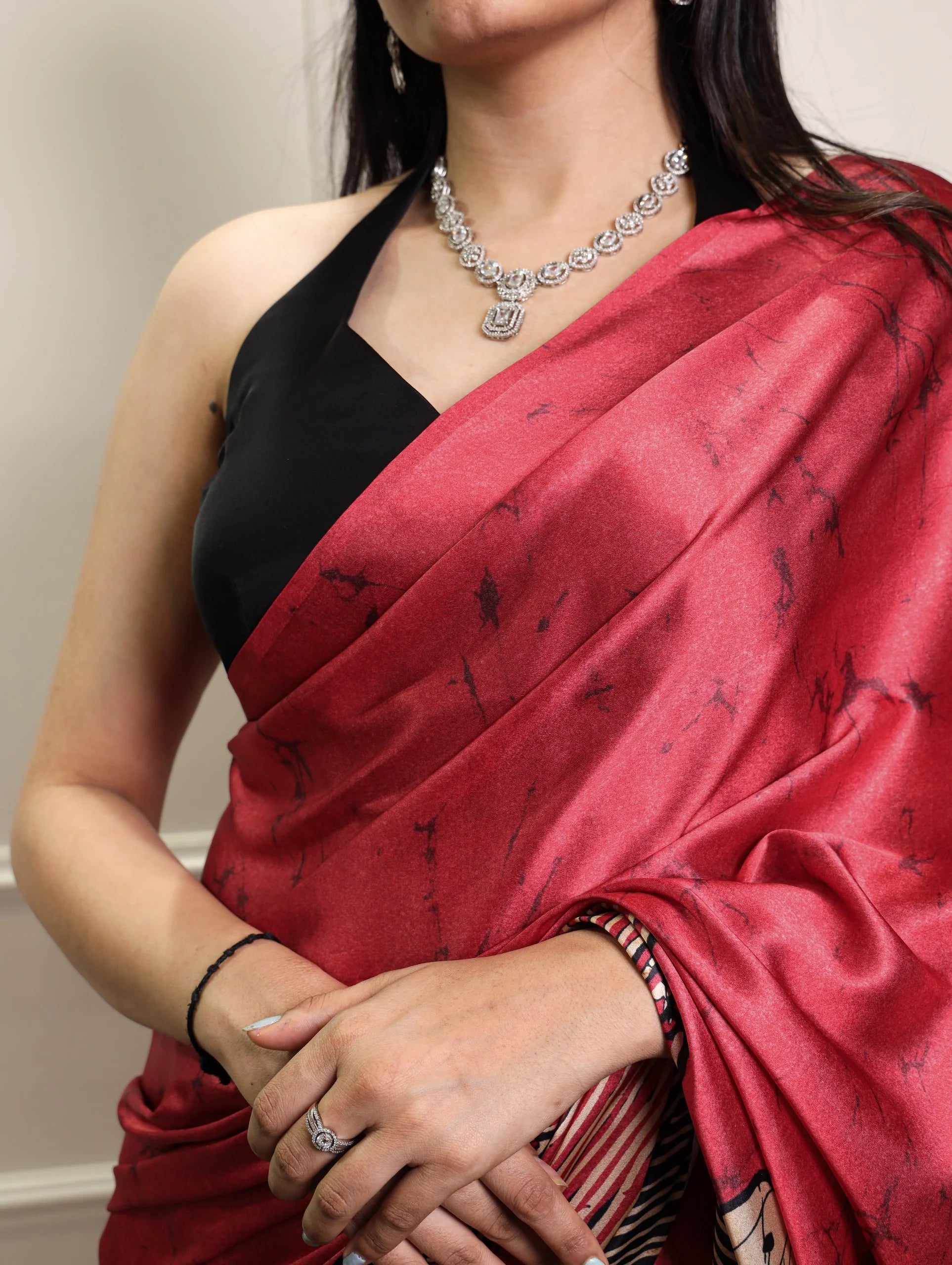 Maroon printed satin silk saree – abstract pattern on premium satin fabric