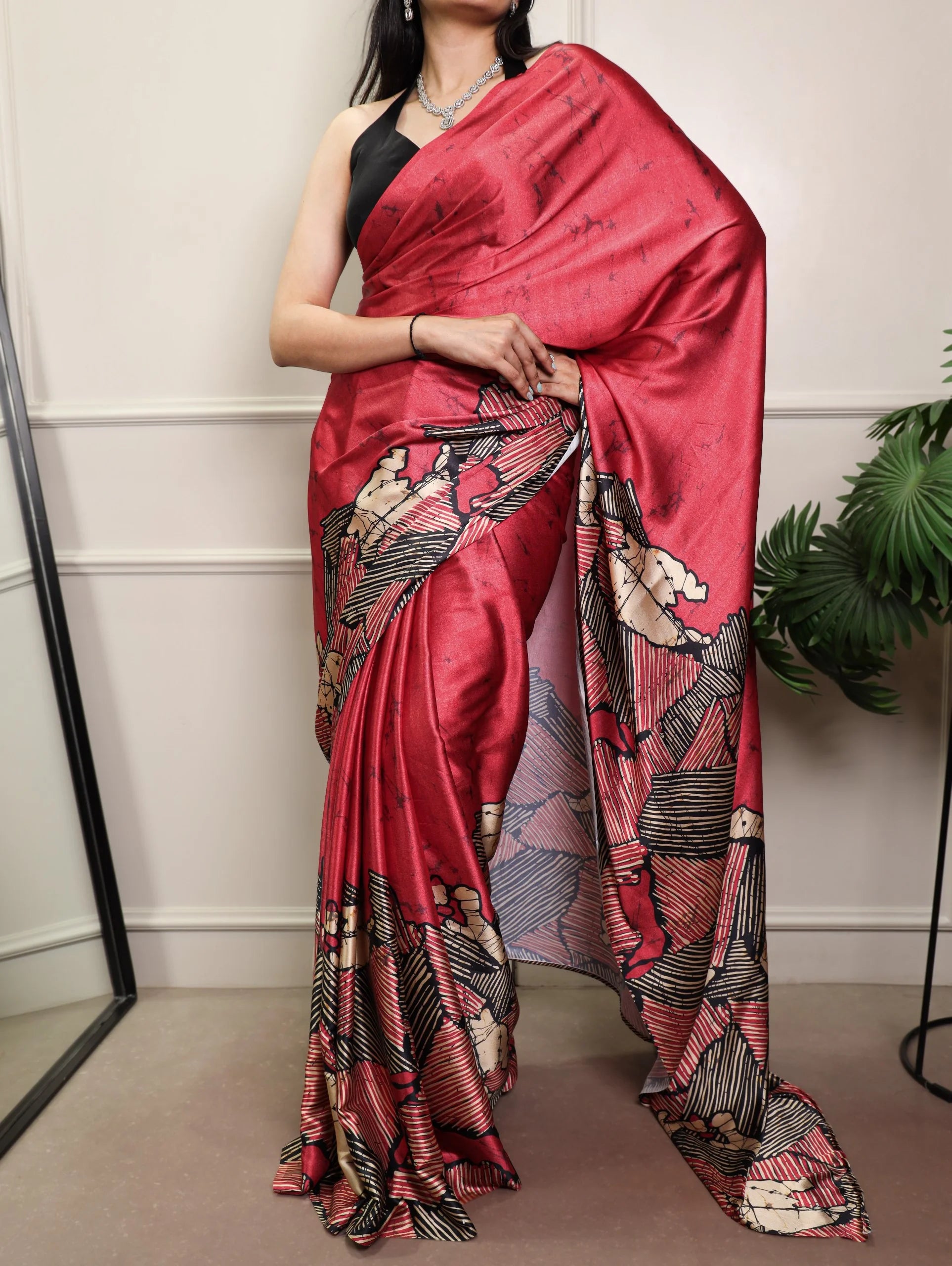 Teal satin silk printed saree – gold splatter abstract design on turquoise satin