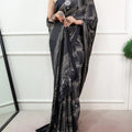 Satin silk saree with mirror work black geometric tribal print full model view