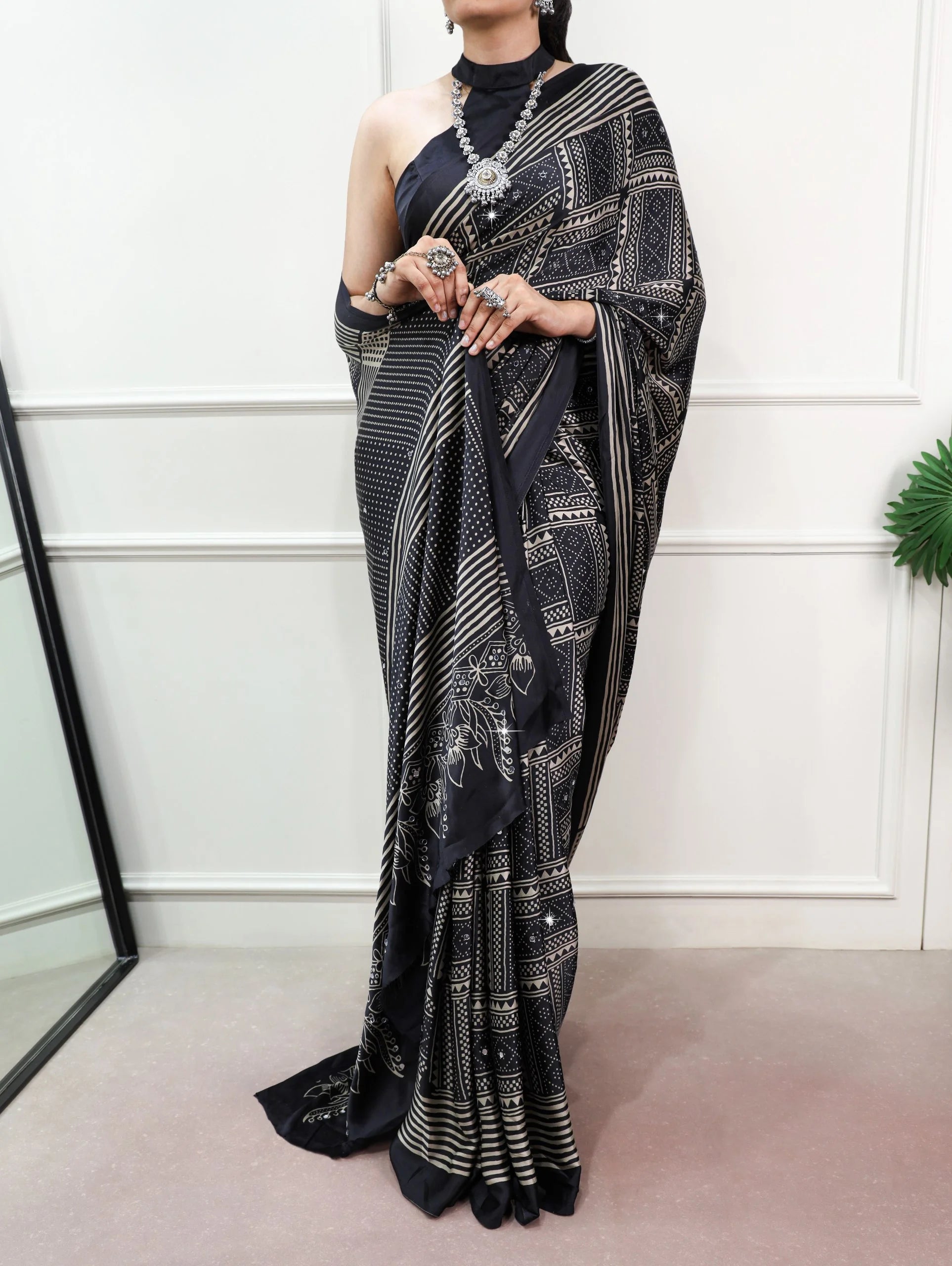 Satin silk saree with mirror work black geometric tribal print full model view