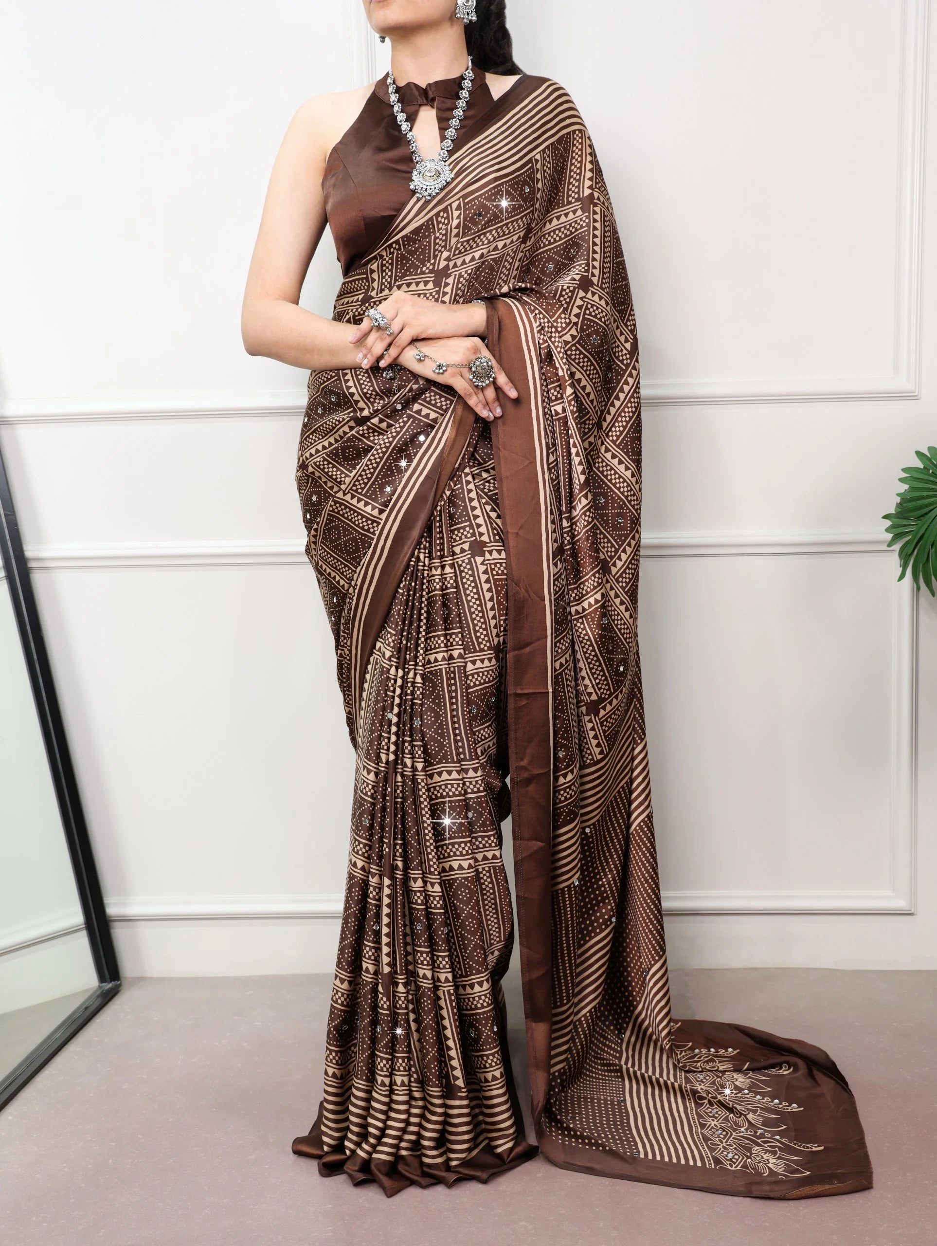 Brown satin silk mirror work saree upper body detail