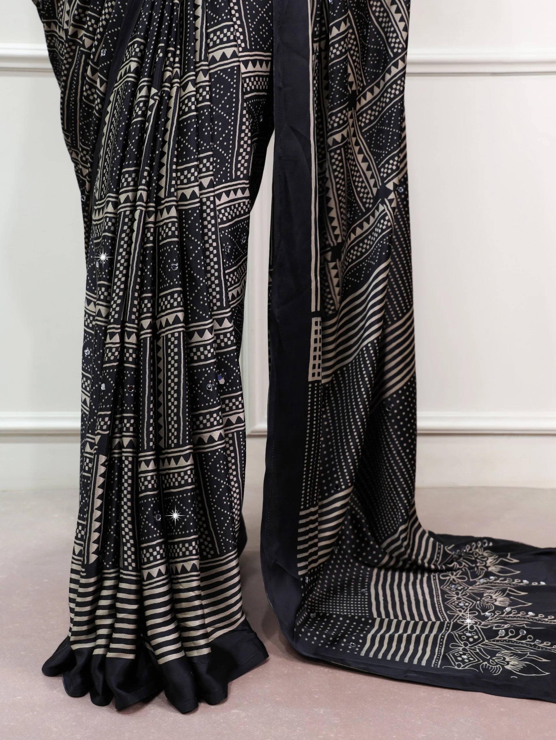 Mirror work satin silk saree brown tribal geometric print fabric close-up detail
