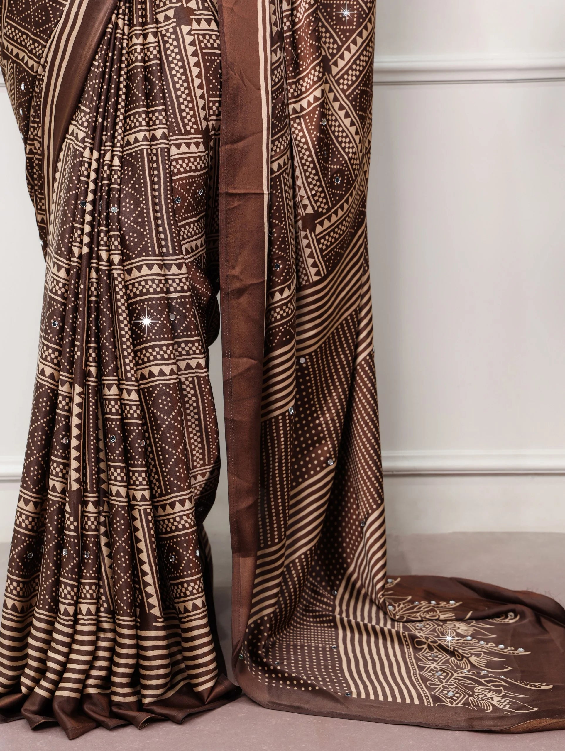Brown satin silk mirror work saree tribal geometric print saree pallu view