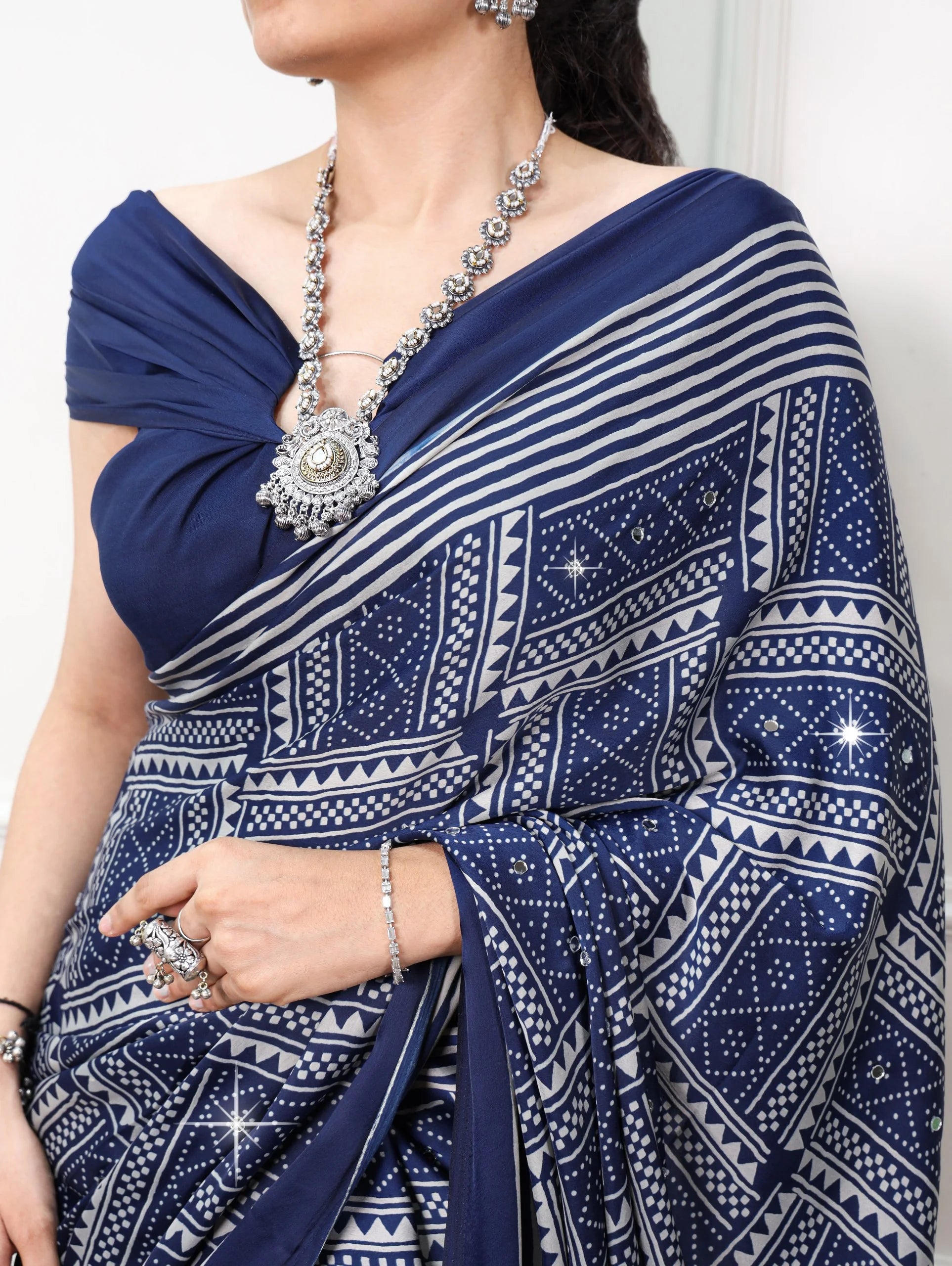 Maroon satin silk saree with mirror work tribal print full drape side view