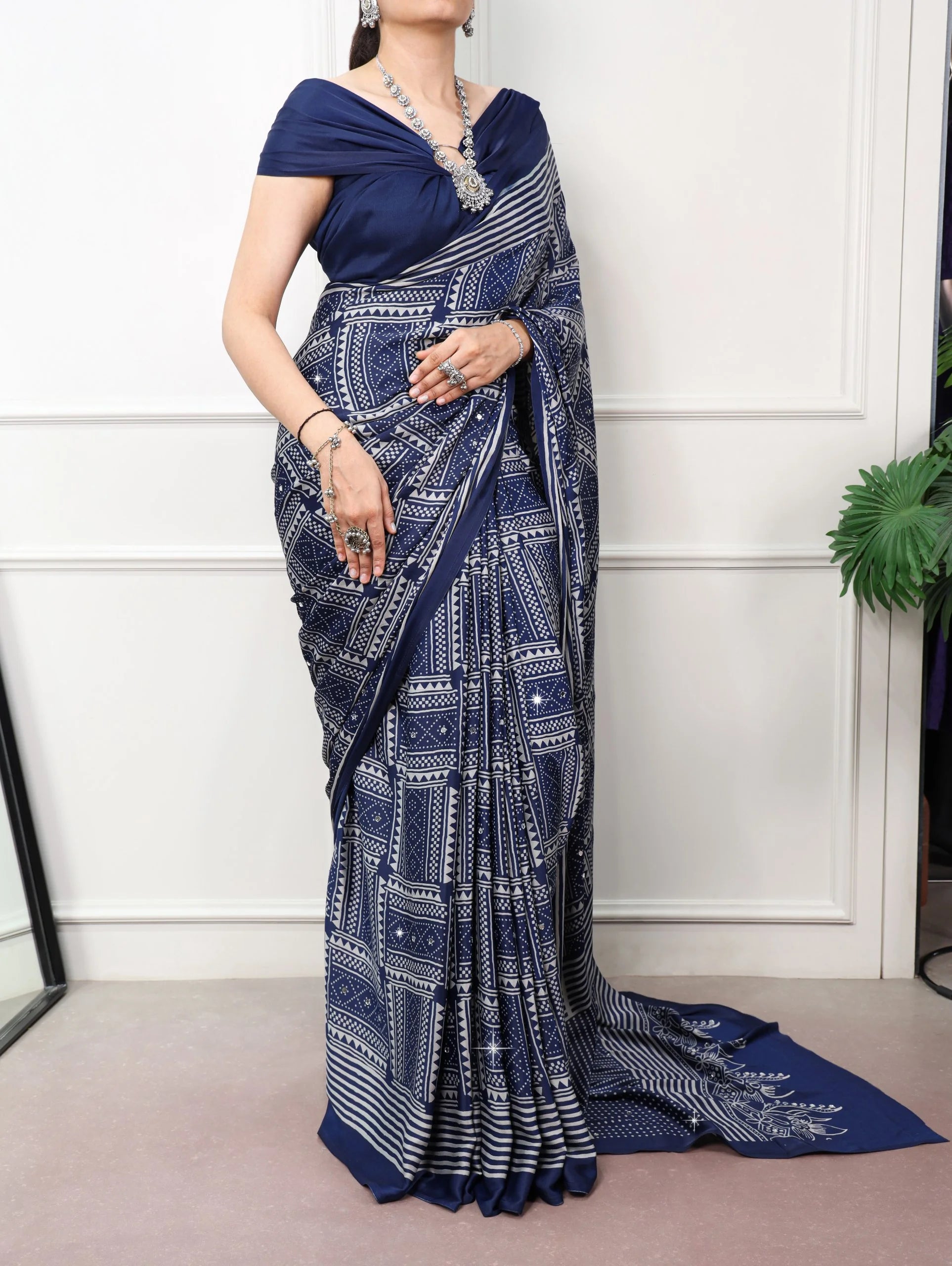 Satin silk saree with mirror work navy blue geometric print full model drape