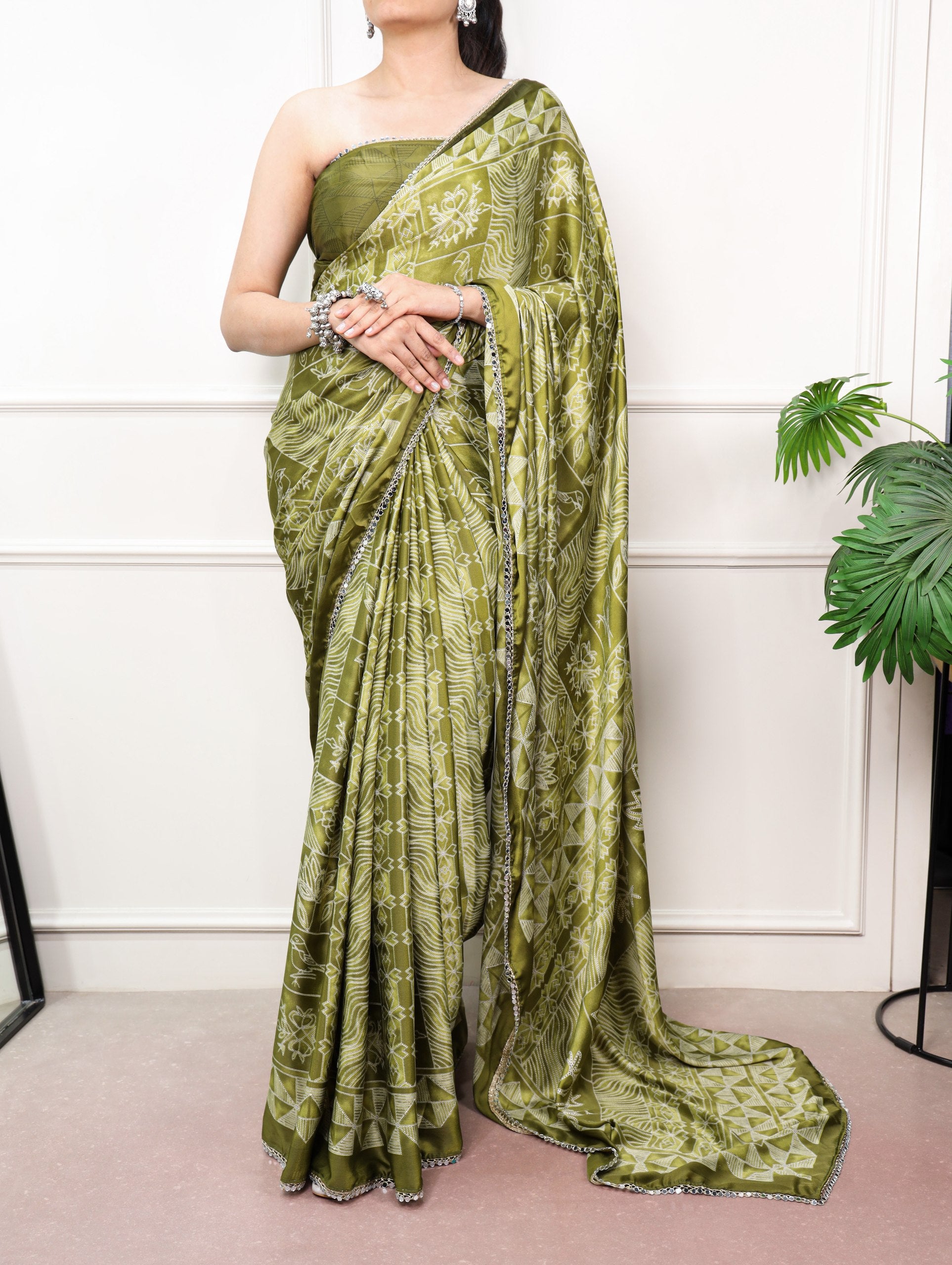 satin silk saree olive geometric print mirror lace full view