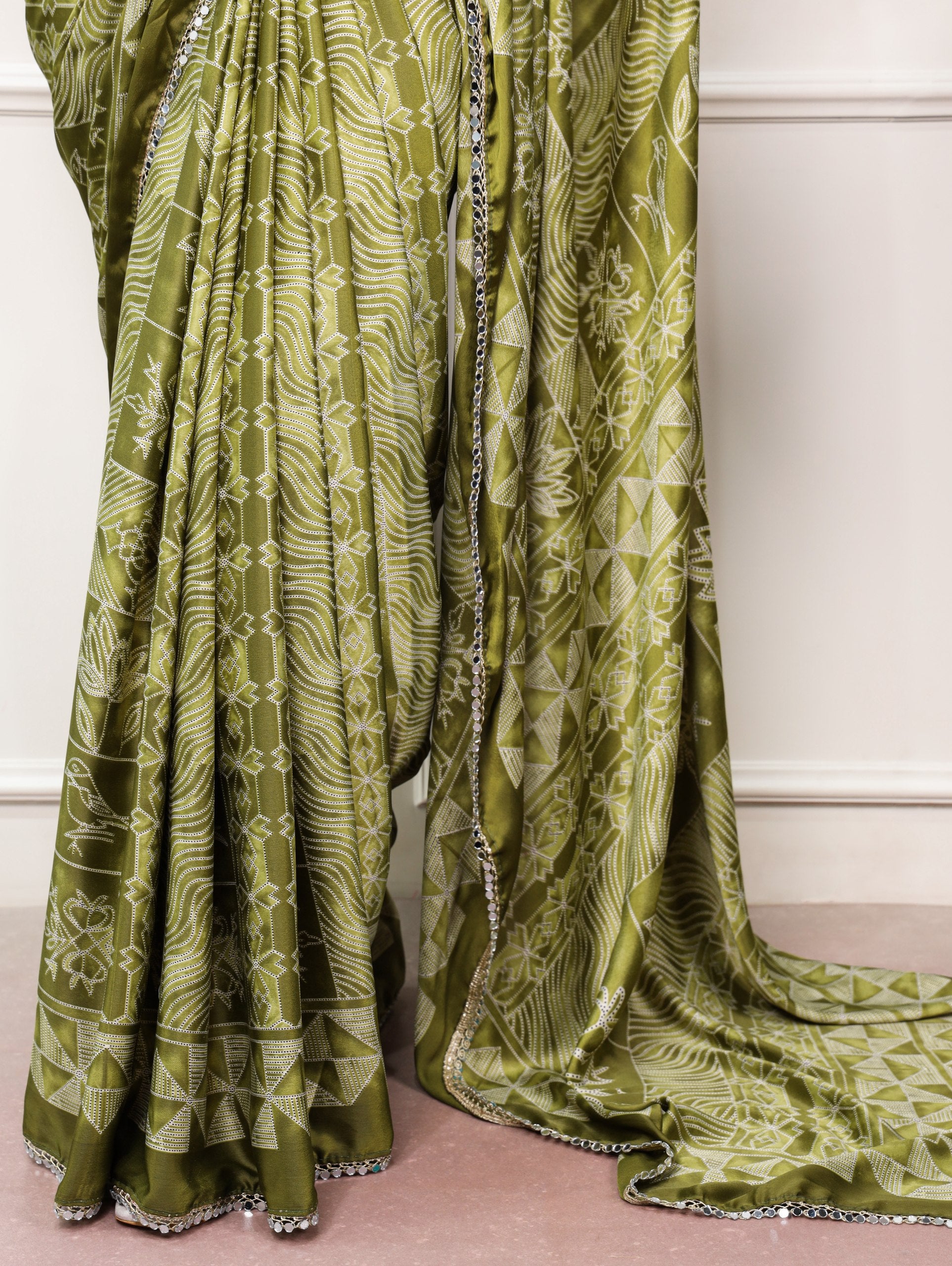 satin silk saree olive pleats and pallu flat layout mirror lace