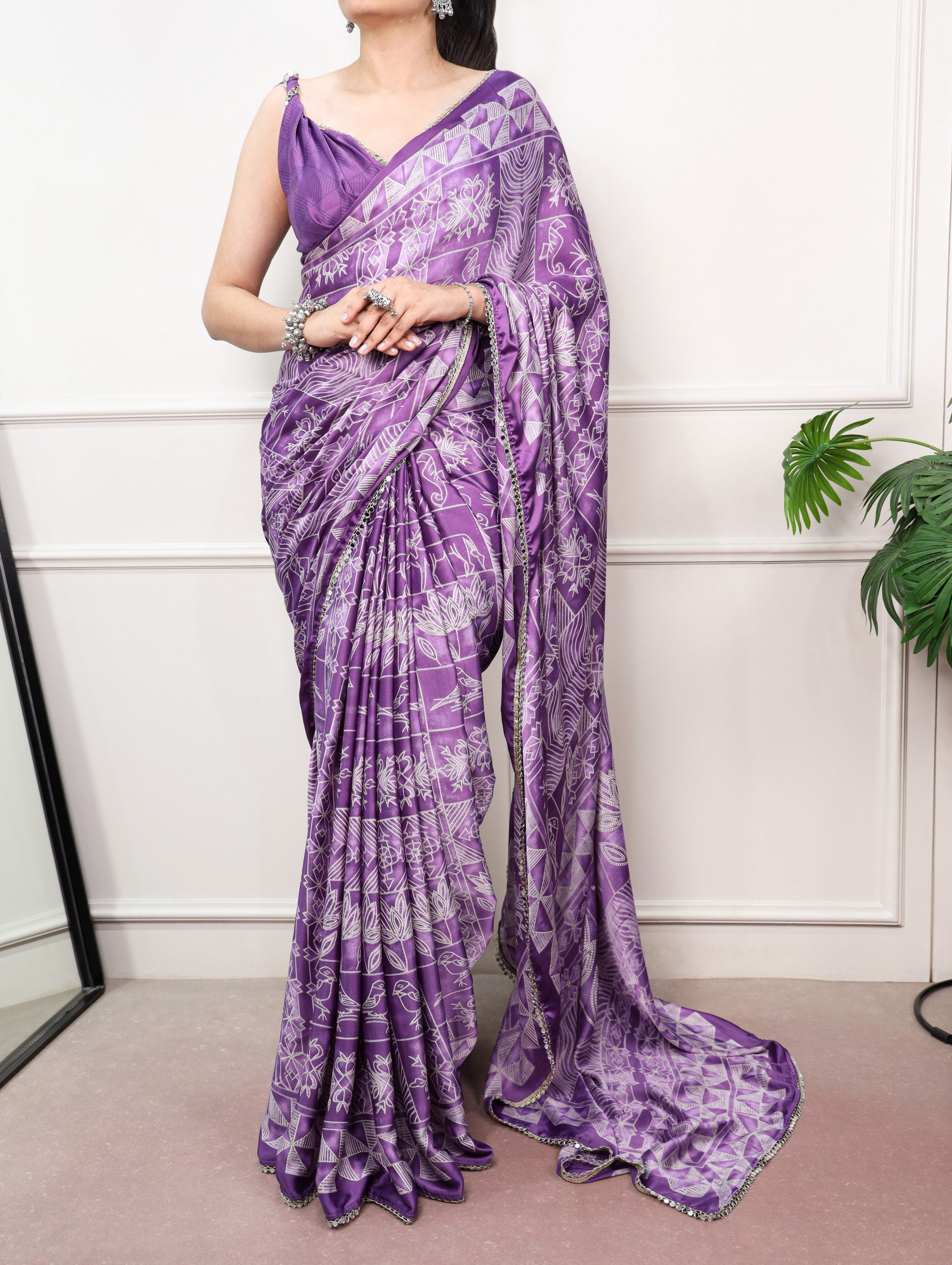 satin silk saree purple geometric print mirror lace full view