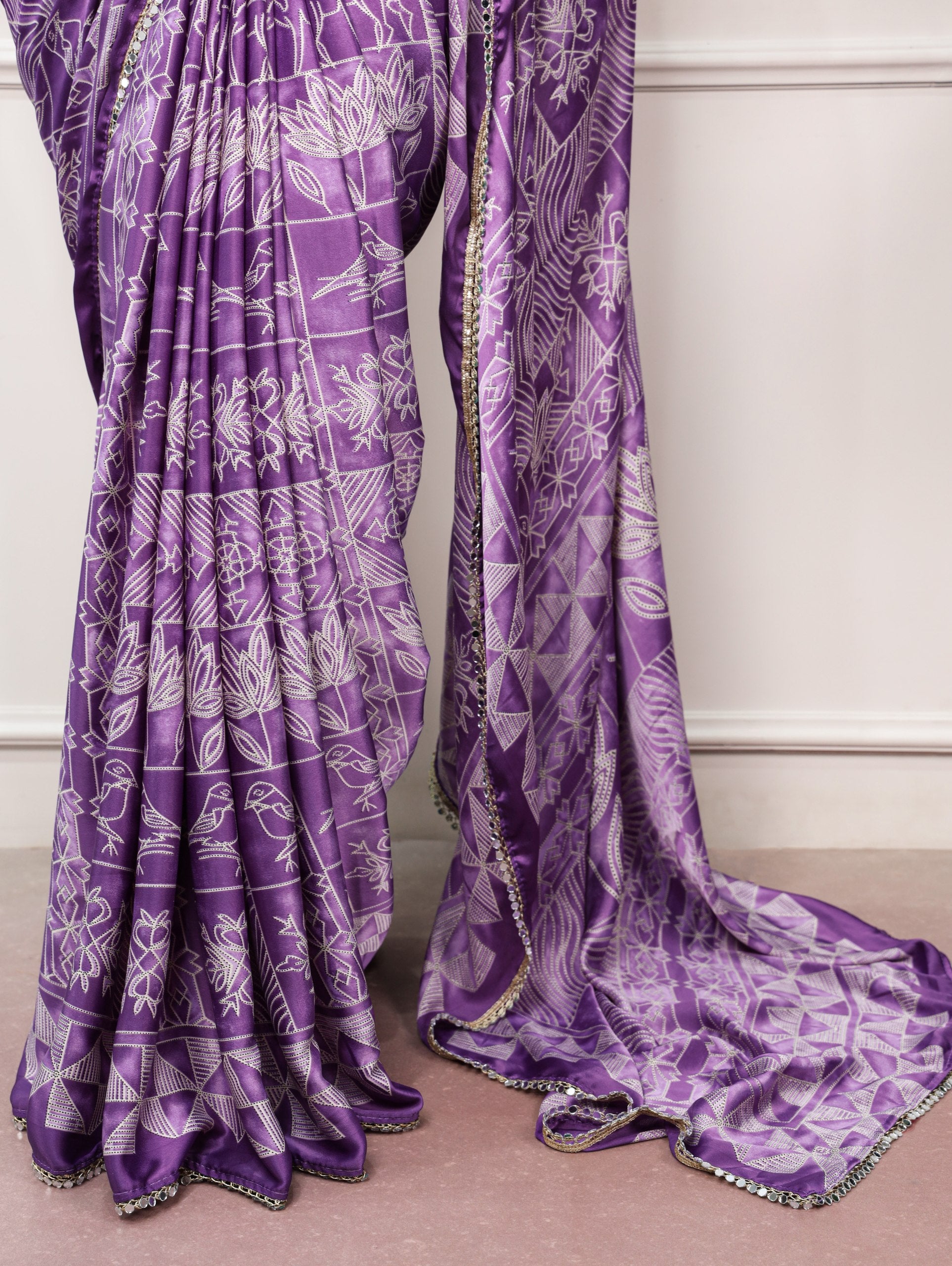 satin silk saree purple pleats and pallu flat layout mirror lace border