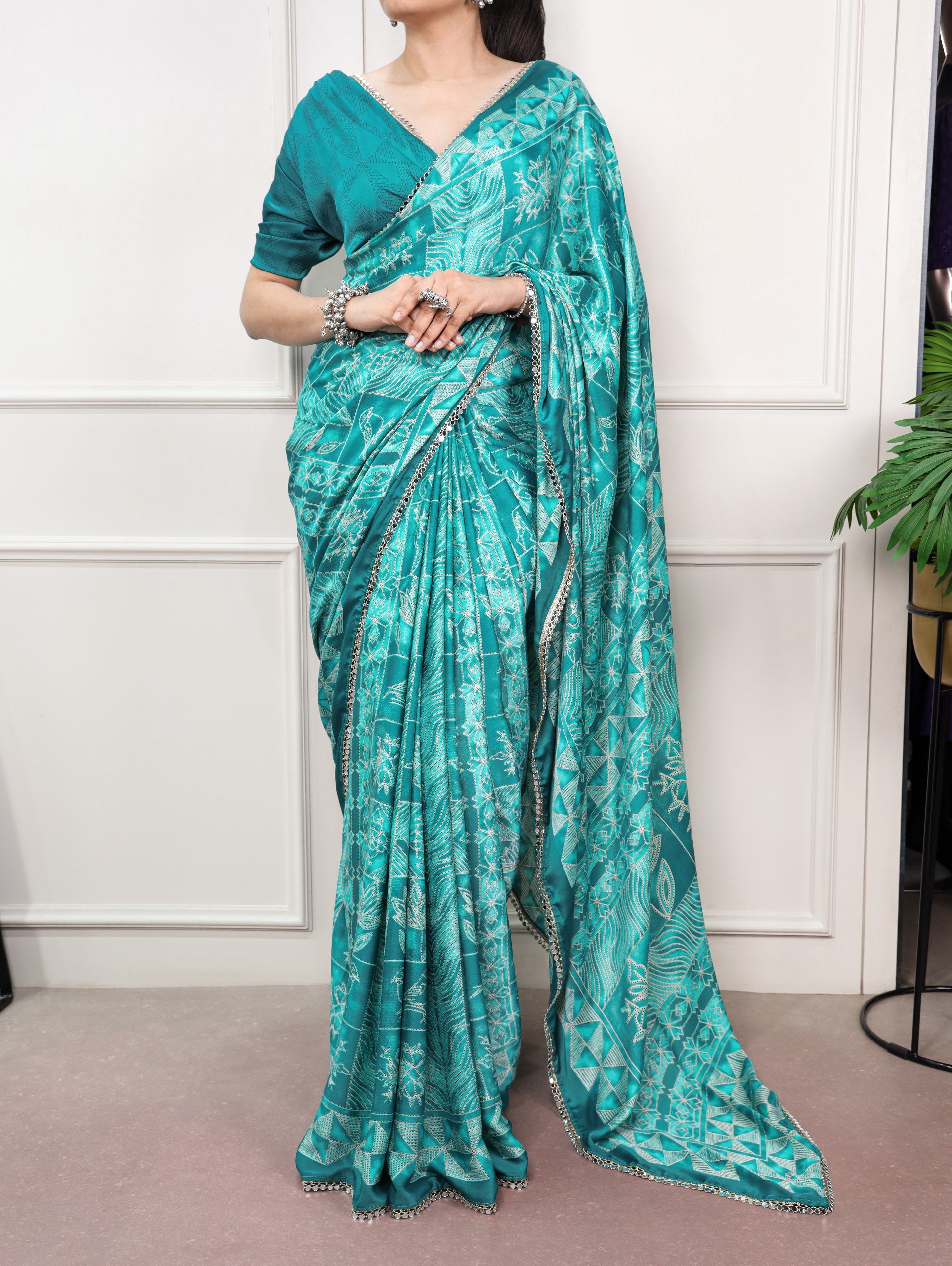 satin silk saree teal geometric mirror lace full view