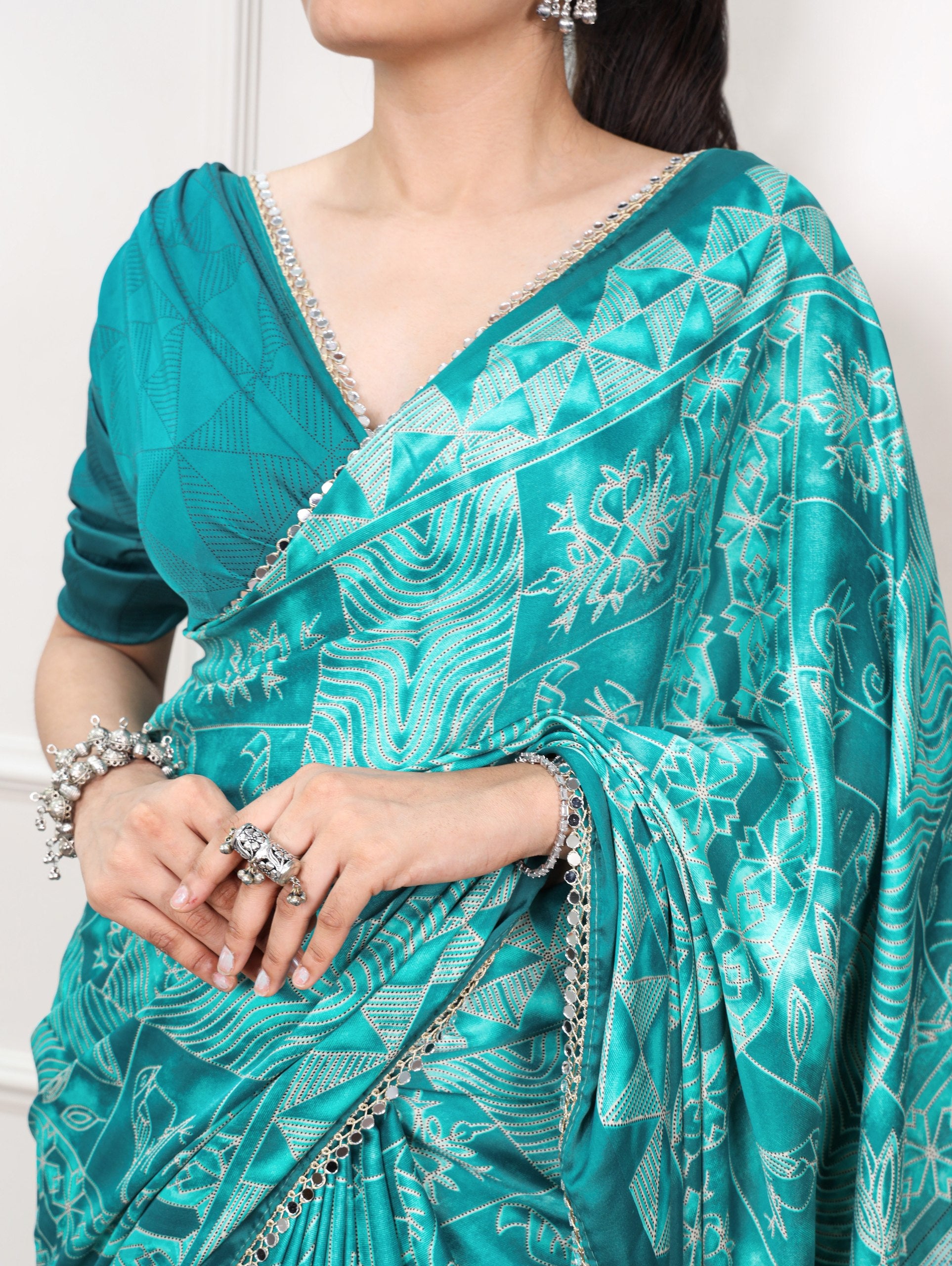 satin silk saree teal mirror lace border drape closeup