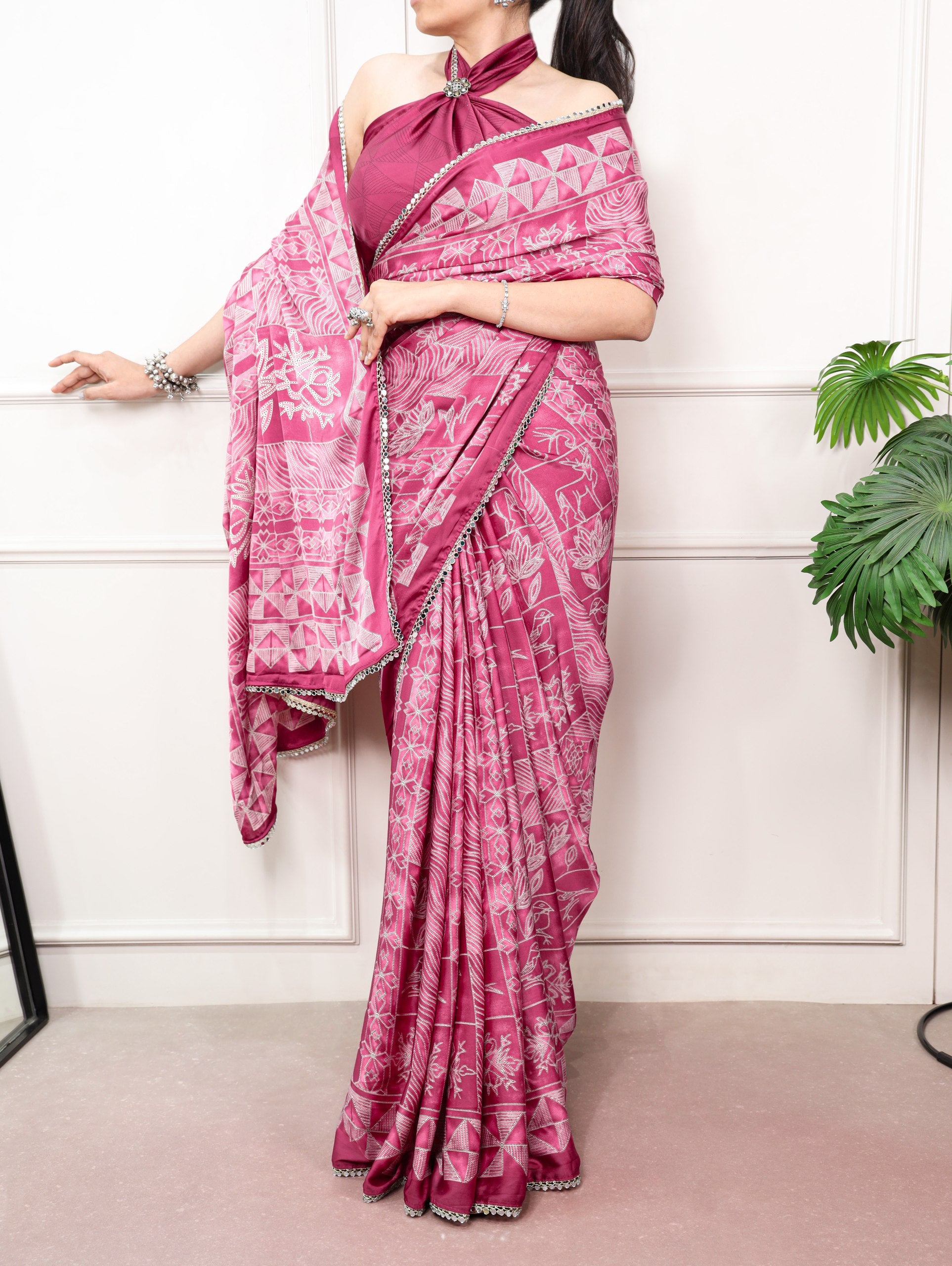 satin silk saree wine pink geometric mirror lace leaning view