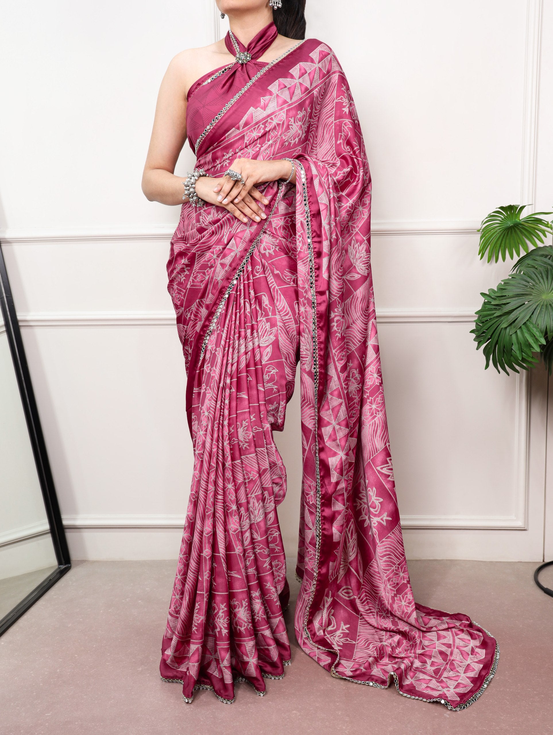 satin silk saree wine geometric print full standing view