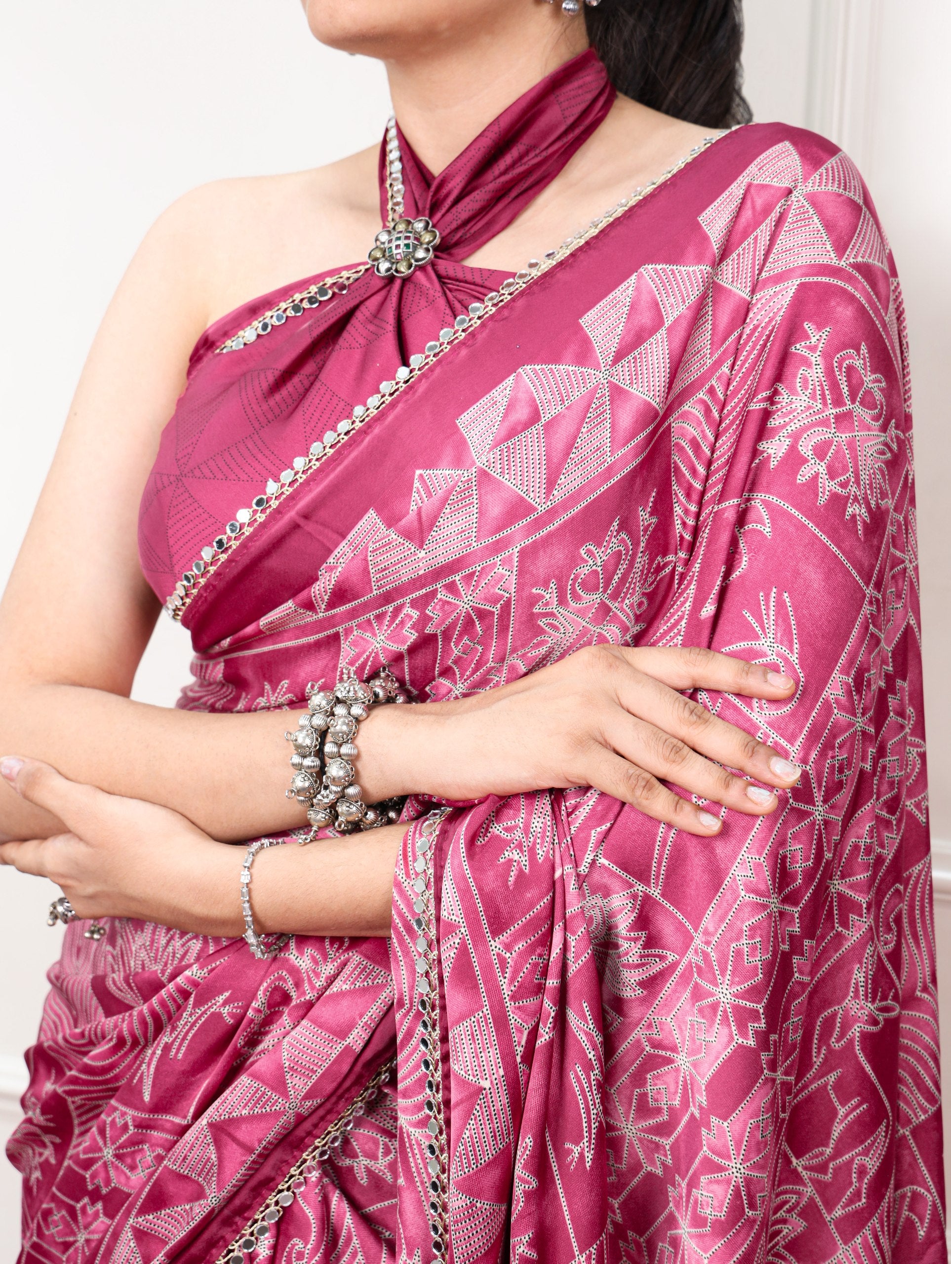 satin silk saree wine mirror lace border blouse closeup
