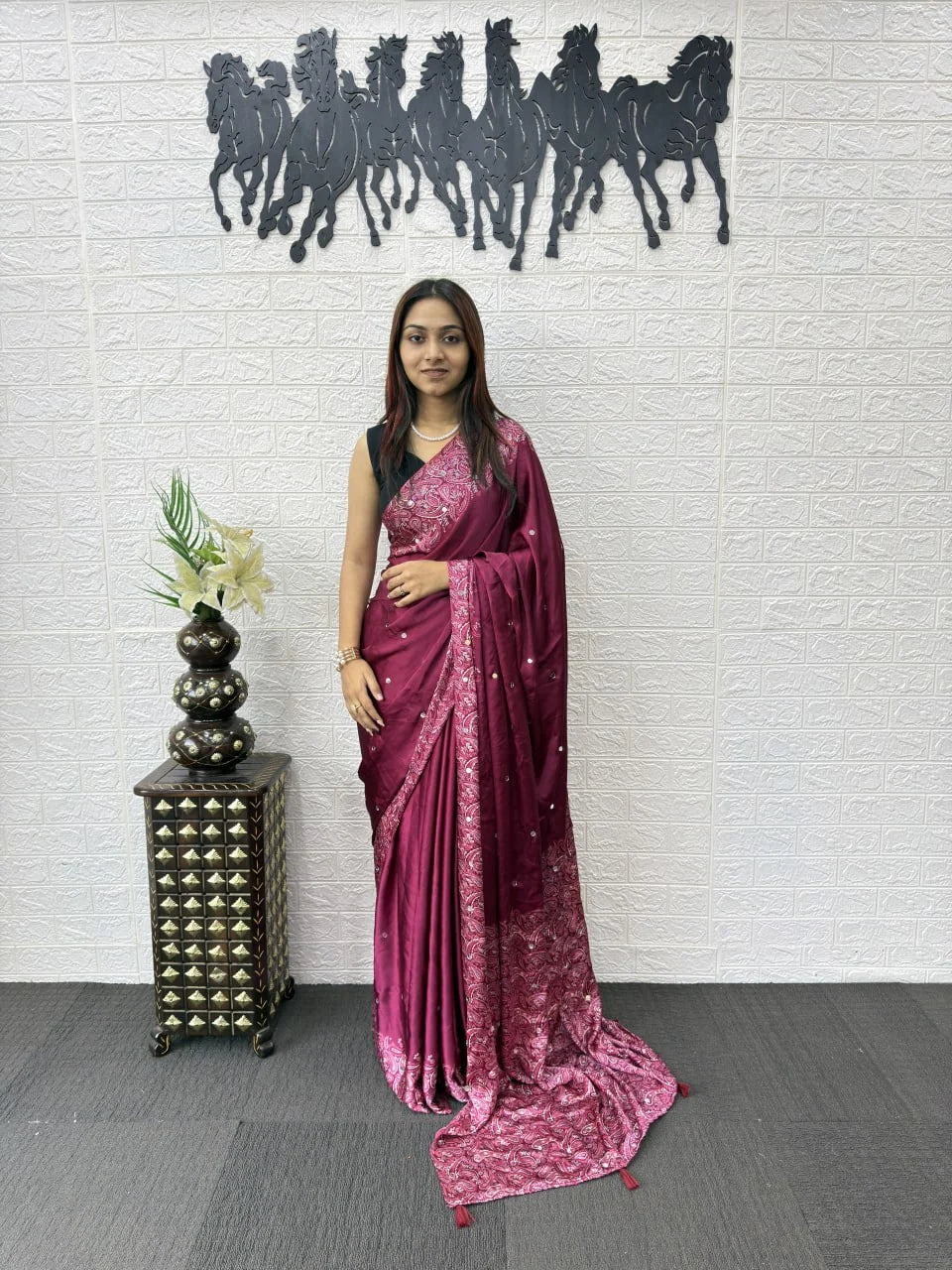 berry wine semi gajji silk saree pallu drape with mirror work