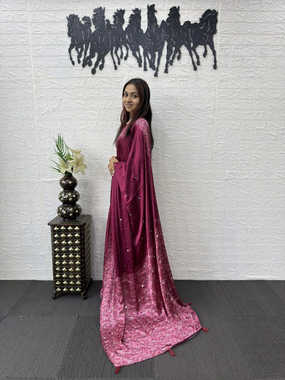 berry semi gajji silk saree with mirror work and designer printed border