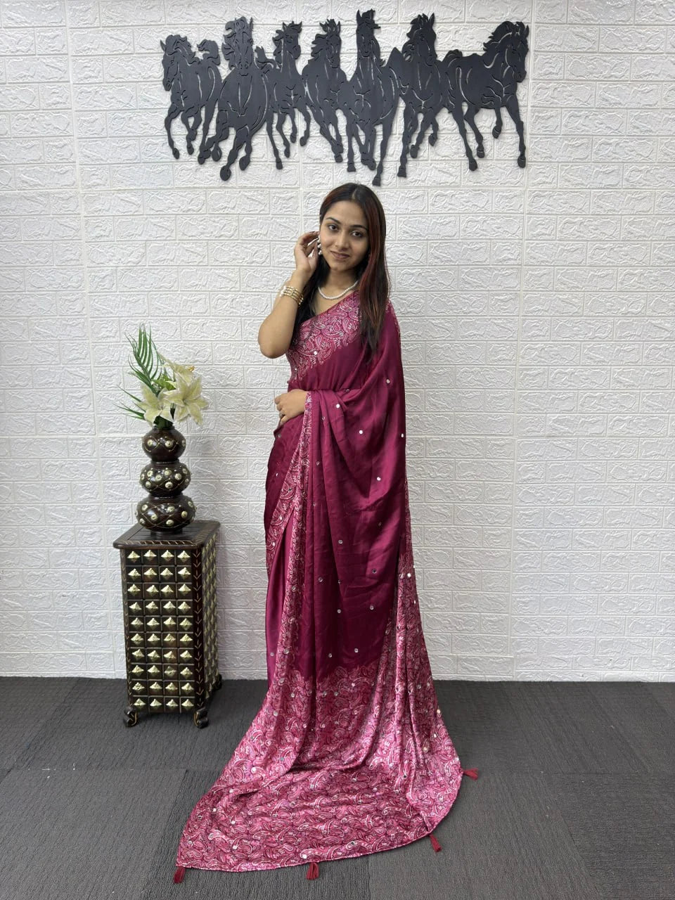 berry semi gajji silk saree side drape with printed border
