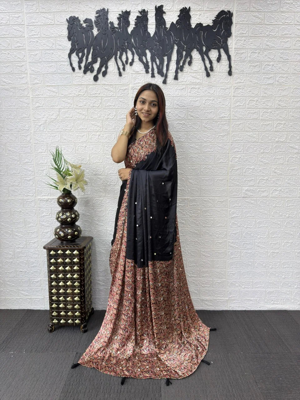 black semi gajji silk saree with real mirror work and contrast printed pallu