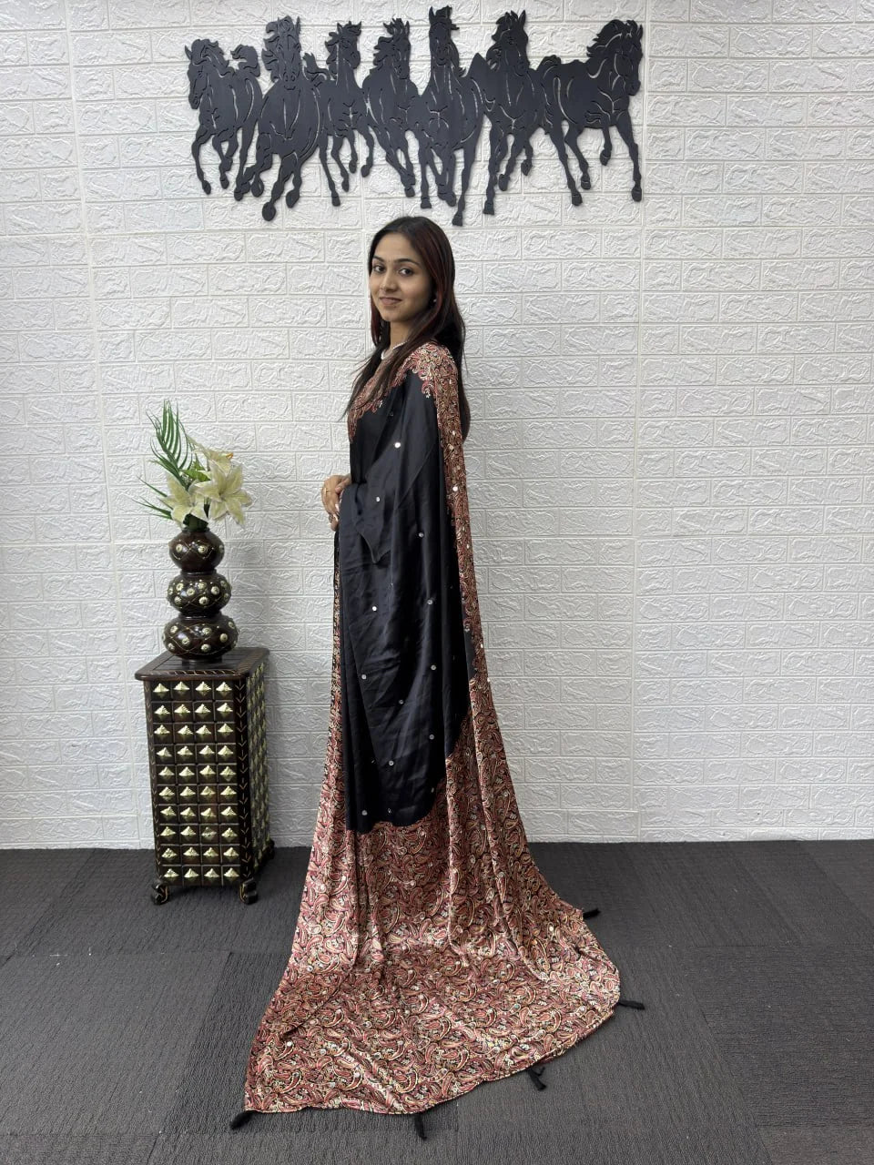 black semi gajji silk saree side view with printed pallu