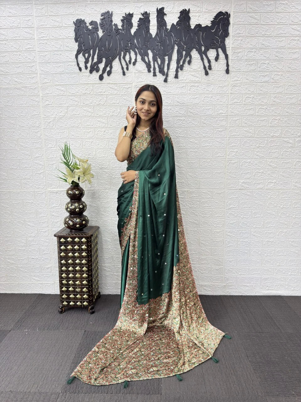 green semi gajji silk saree with real mirror work and printed border