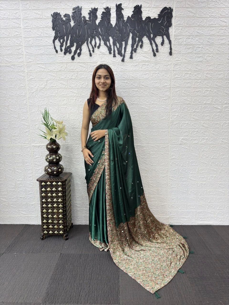 green semi gajji silk saree with real mirror work and contrast pallu