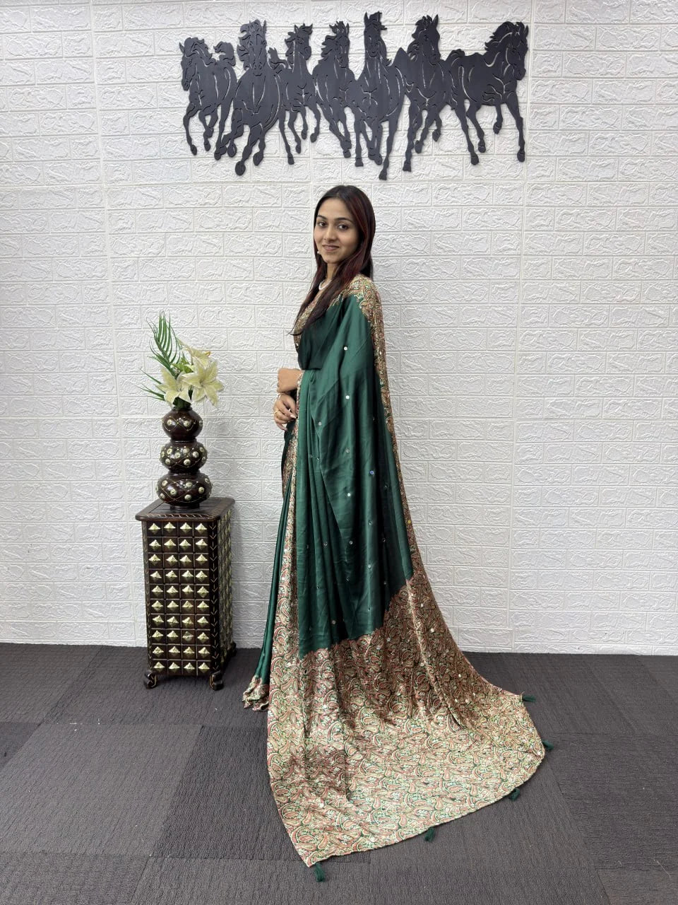 green semi gajji silk saree side drape with mirror work pallu
