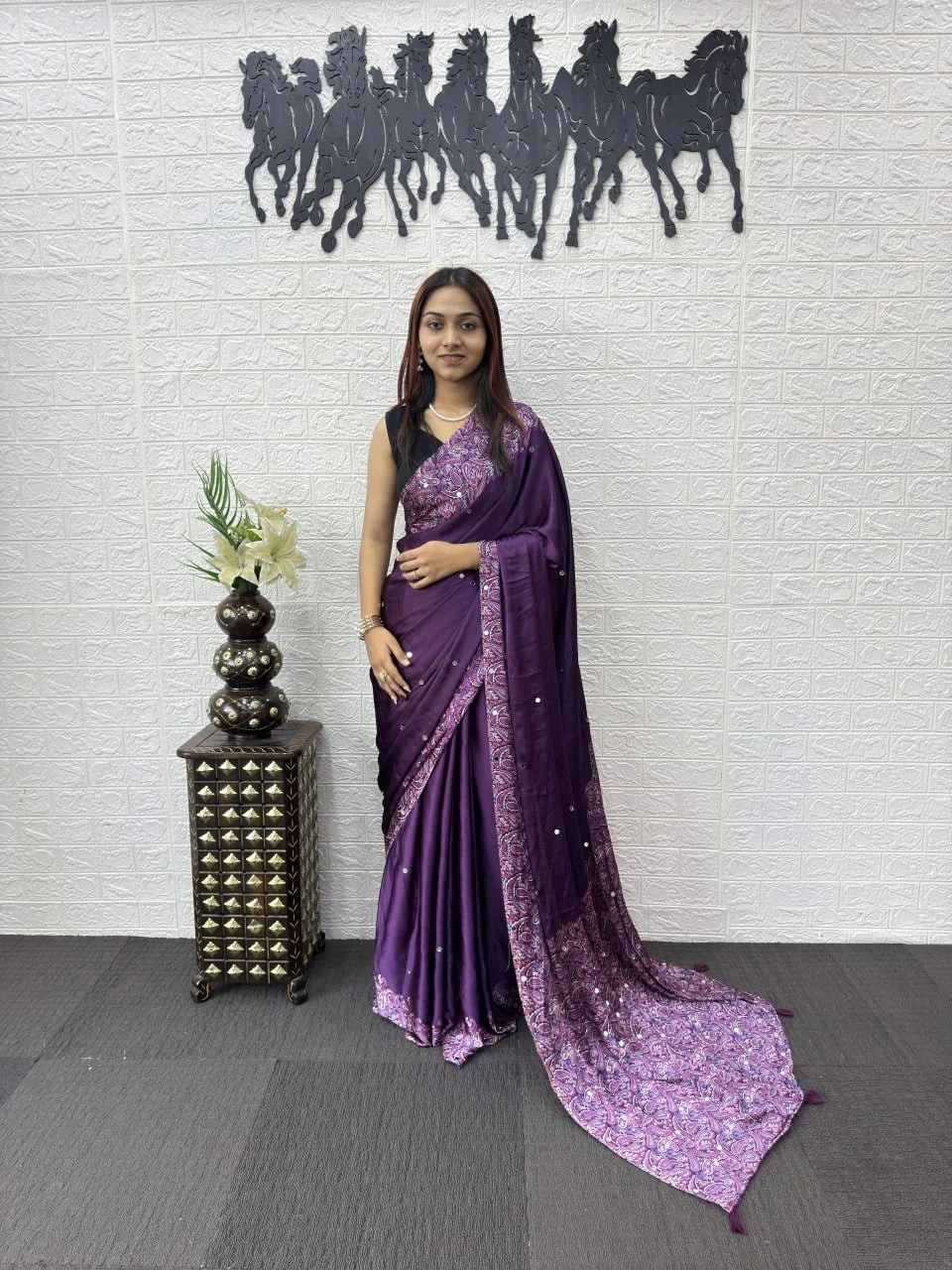 purple semi gajji silk saree front pose with mirror work pallu