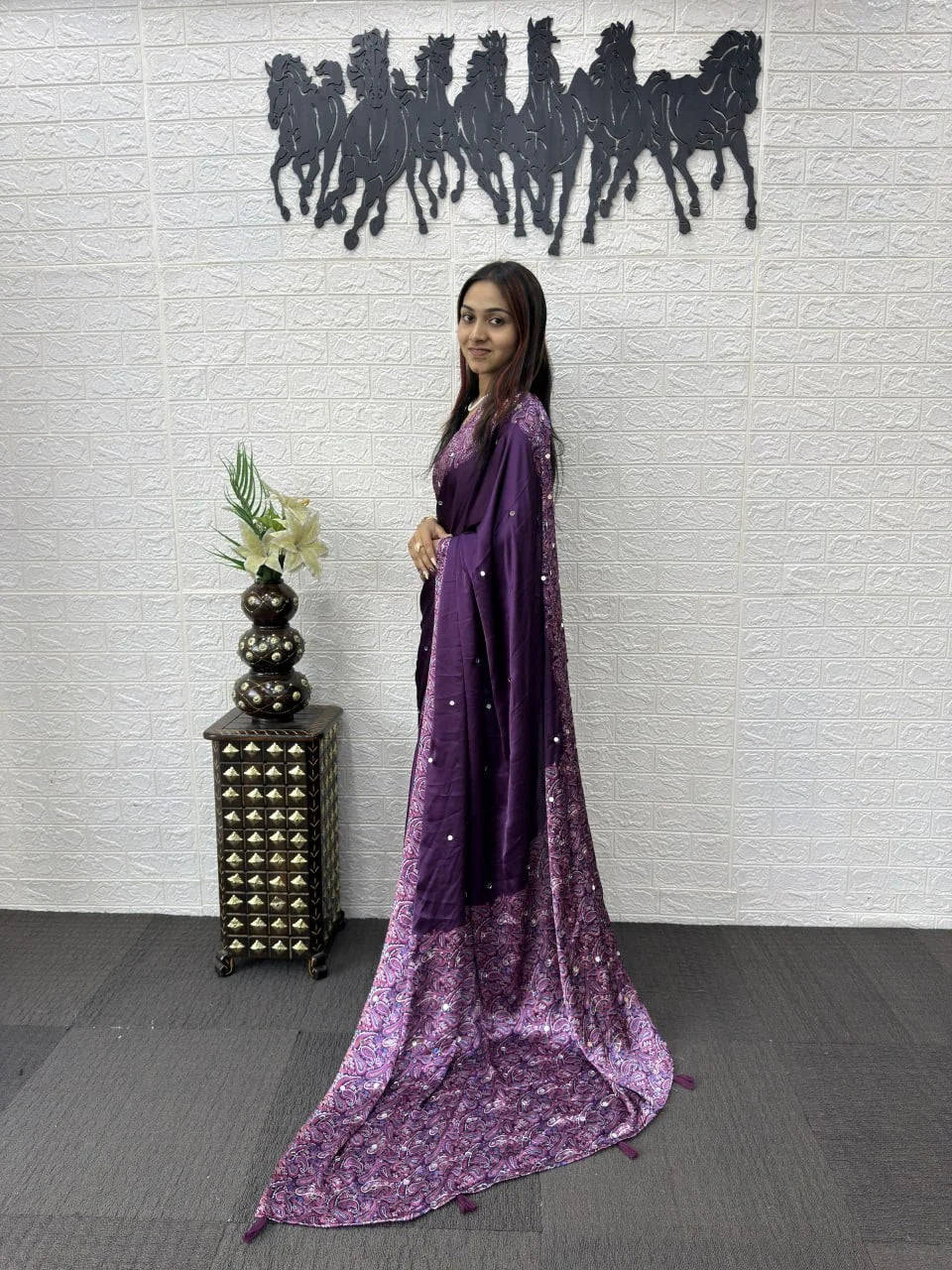 purple semi gajji silk saree side drape with mirror work