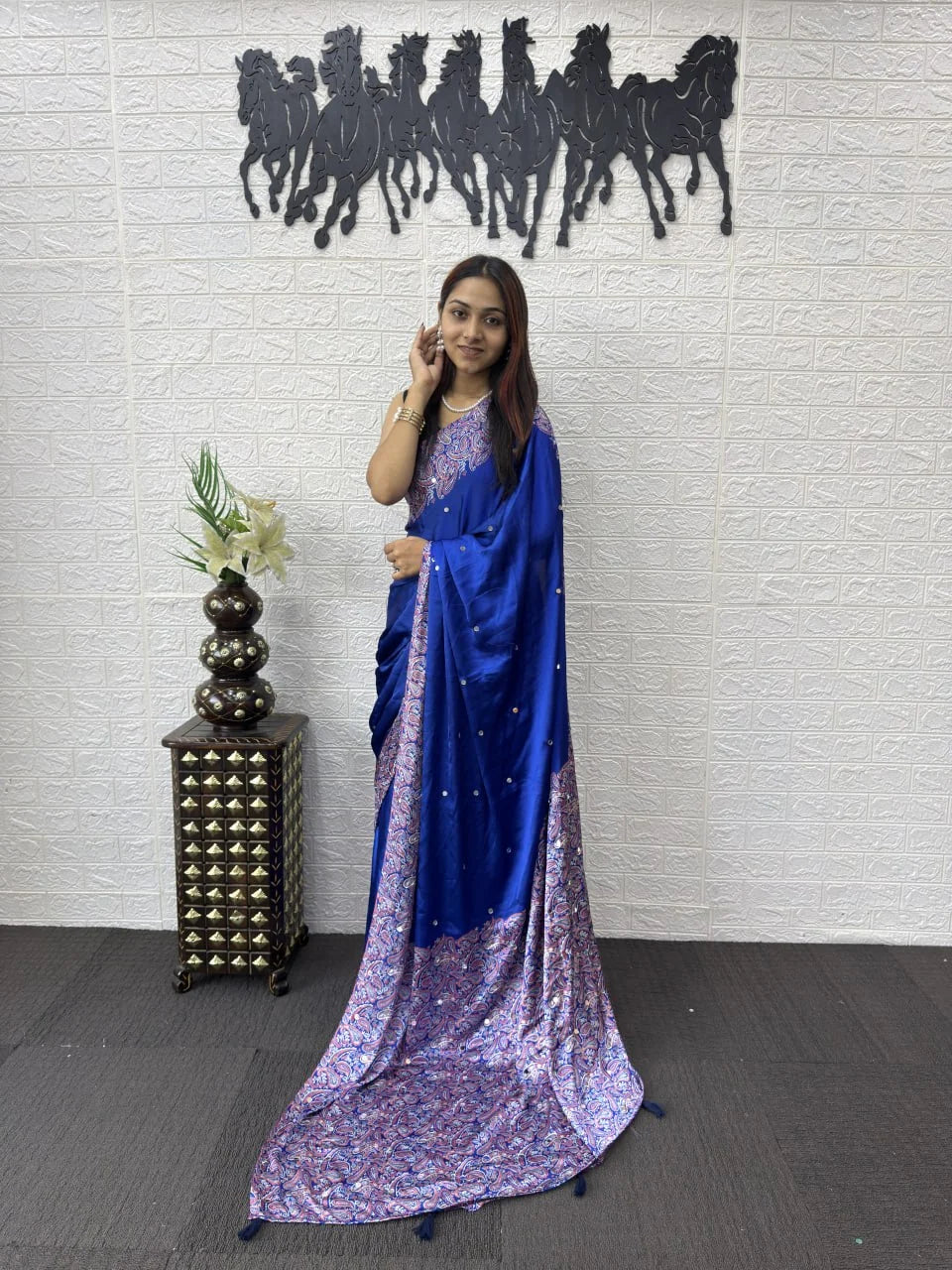 royal blue semi gajji silk saree front drape with mirror work