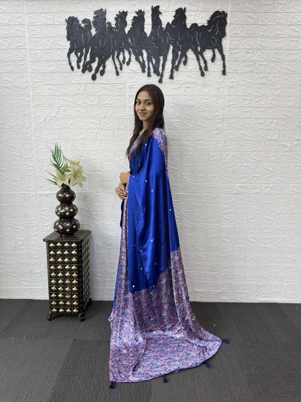 royal blue semi gajji silk saree with mirror work and designer printed border