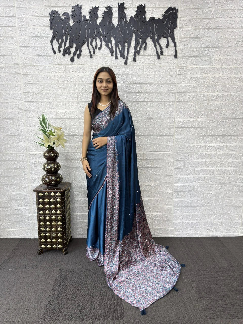 teal semi gajji silk saree with designer printed border and mirror work