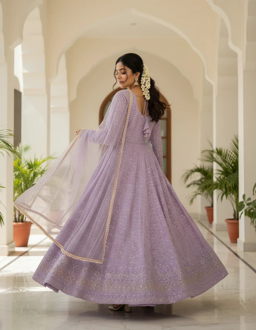 Sequin georgette anarkali gown with dupatta lavender back swirl