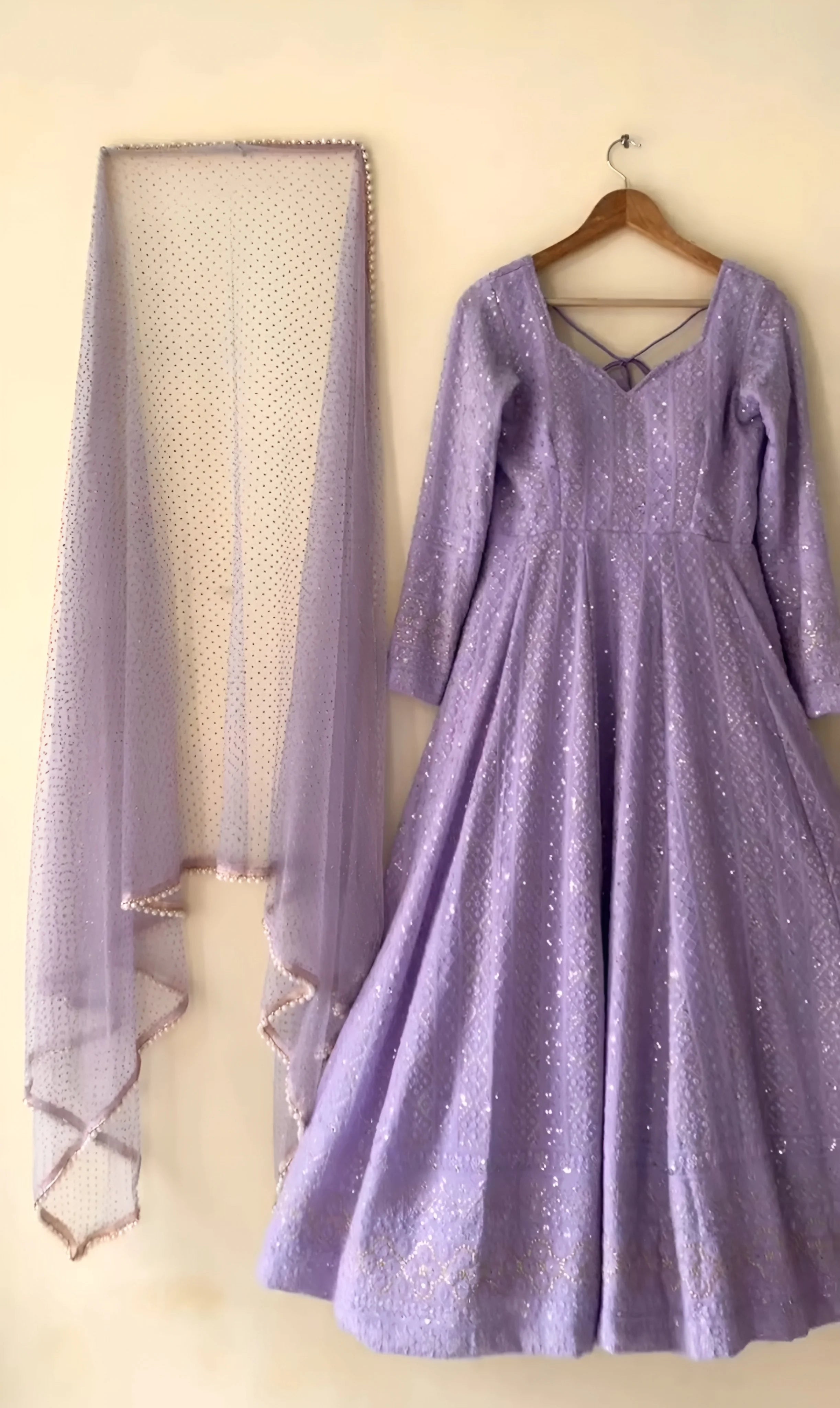 Sequin georgette anarkali gown dupatta lavender flat lay