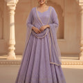Lavender georgette anarkali gown with dupatta front full length