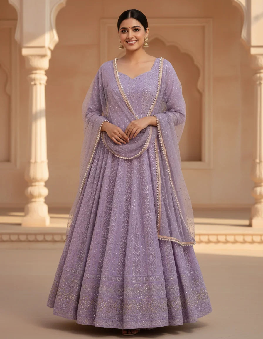Lavender georgette anarkali gown with dupatta front full length