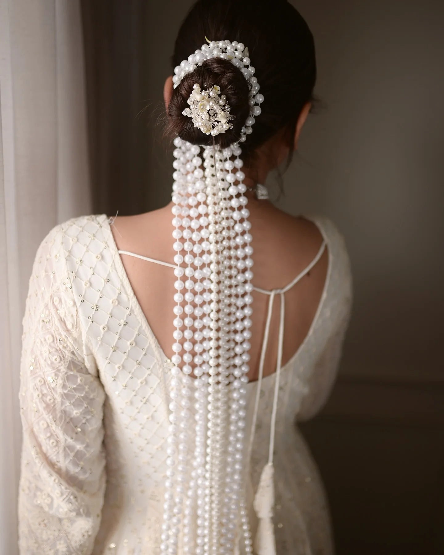 Off white anarkali gown sequin embroidery back detail pearl trim