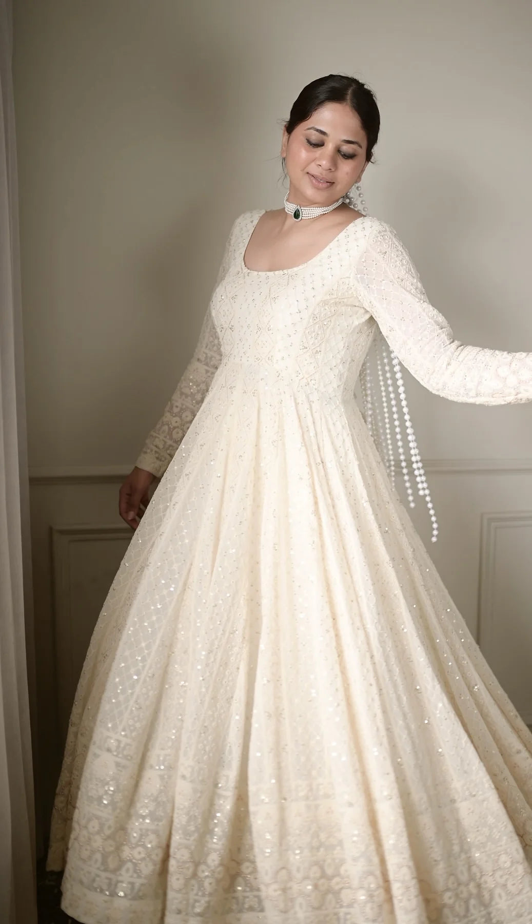 Off white sequin georgette anarkali gown with dupatta front view