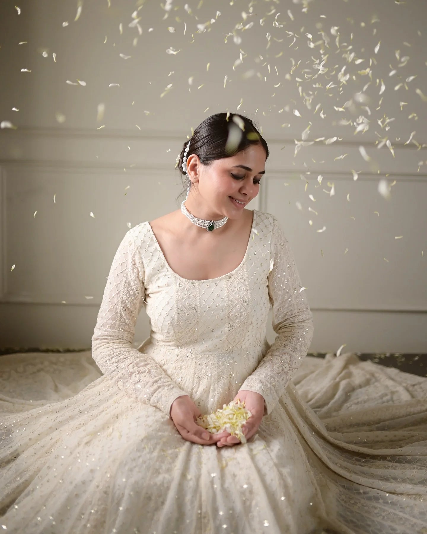 Off white georgette anarkali gown with dupatta petal showers
