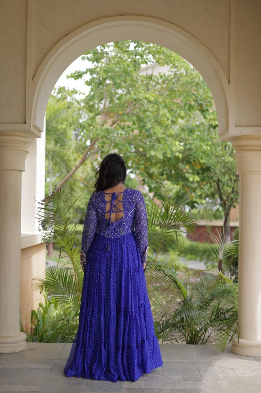 back view of royal blue sequin leheriya gown with tie-up dori